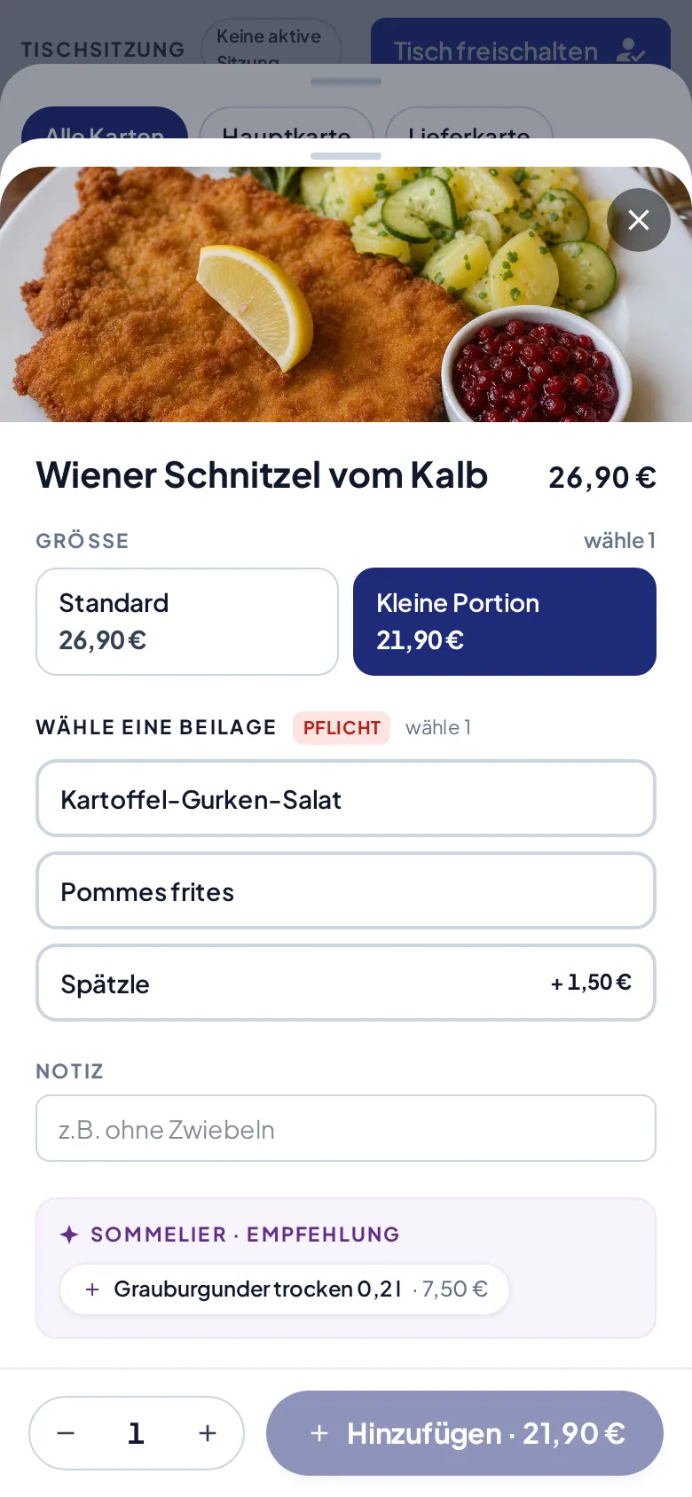Das Options-Fenster von „Wiener Schnitzel vom Kalb“ mit der Sektion Größe (Standard/Kleine Portion) über dem Pflicht-Bestellschritt „Wähle eine Beilage“