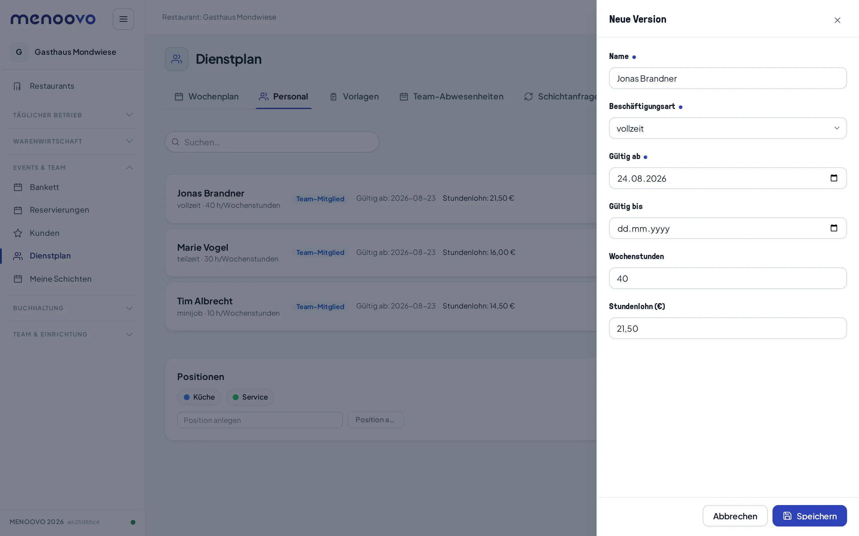 Der Dialog Neue Version eines Personalprofils mit Beschäftigungsart, Wochenstunden und Stundenlohn