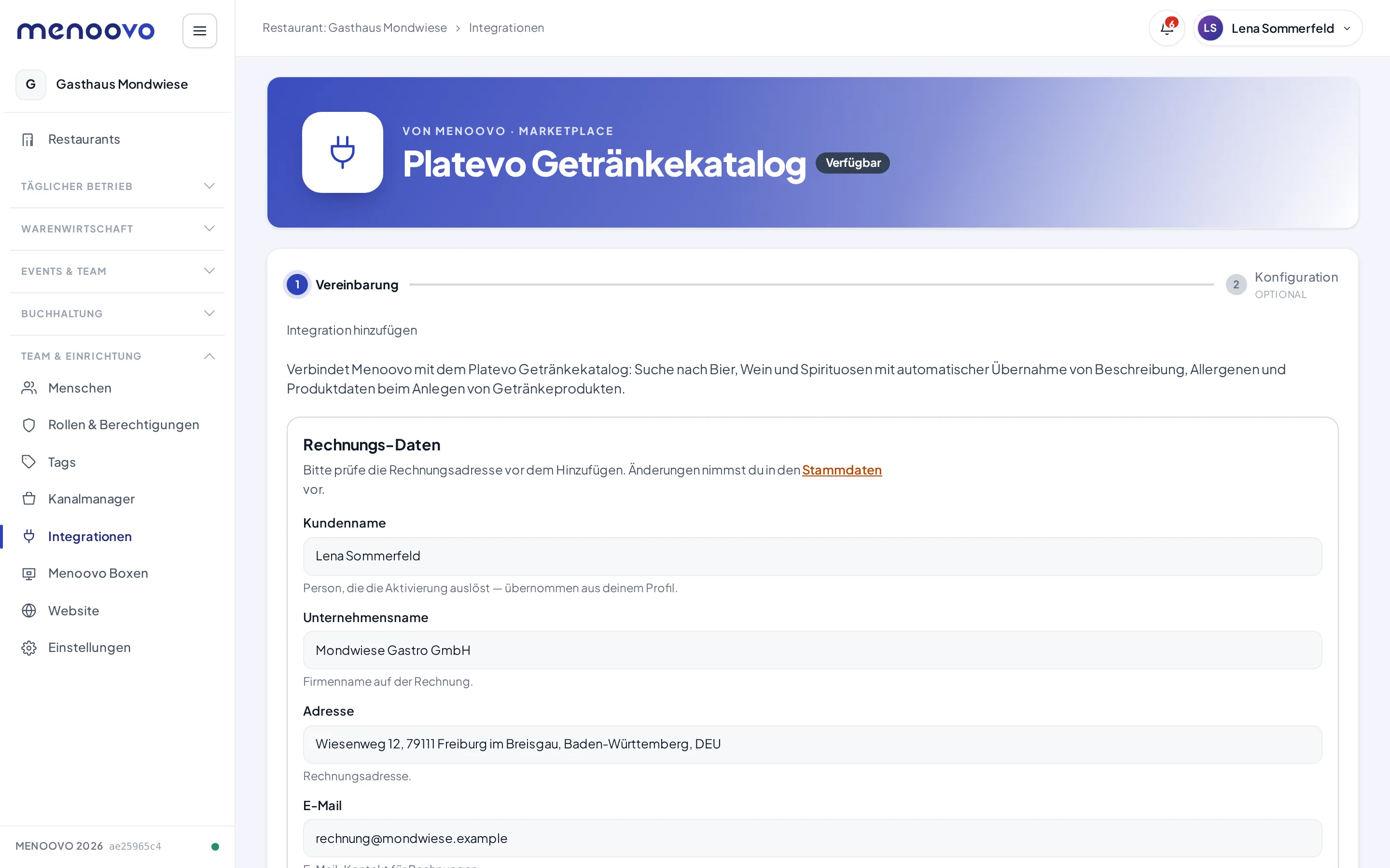 Die Marketplace-Seite des Platevo Getränkekatalogs mit dem Schritt Vereinbarung und den Rechnungs-Daten