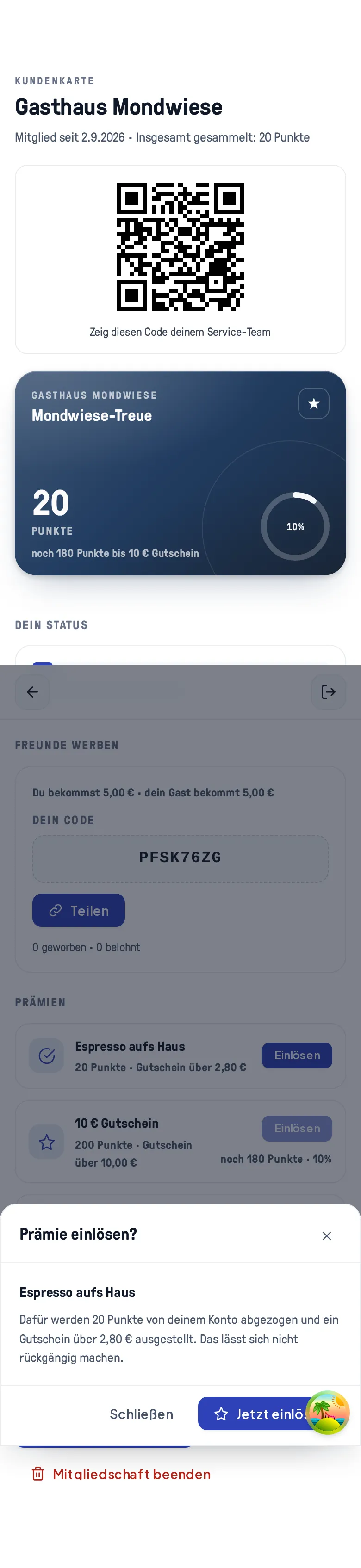 Der Bestätigungsdialog „Prämie einlösen?“ für „Espresso aufs Haus“: 20 Punkte gegen einen Gutschein über 2,80 €