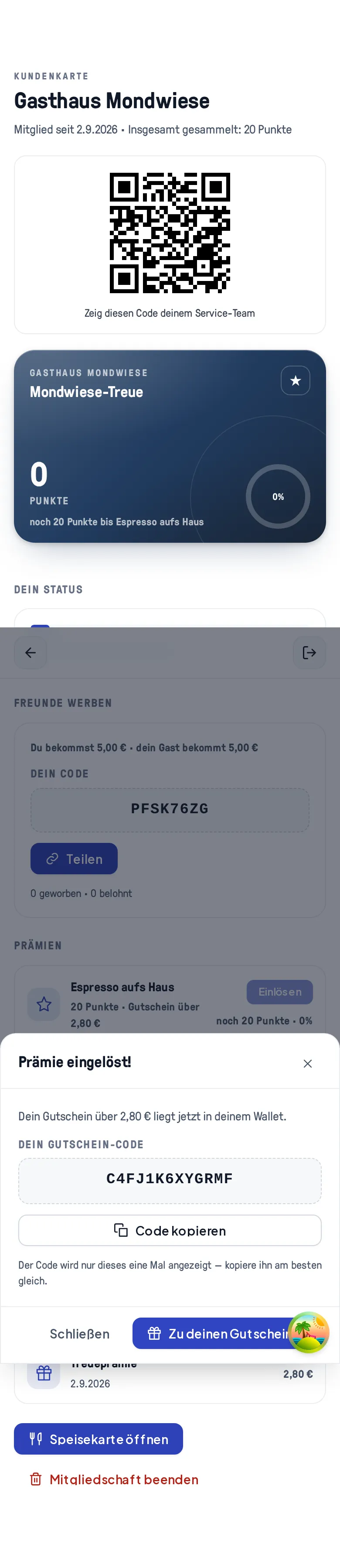 Die Erfolgsseite „Prämie eingelöst!“ mit Gutscheinwert 2,80 € und dem einmalig angezeigten Gutschein-Code