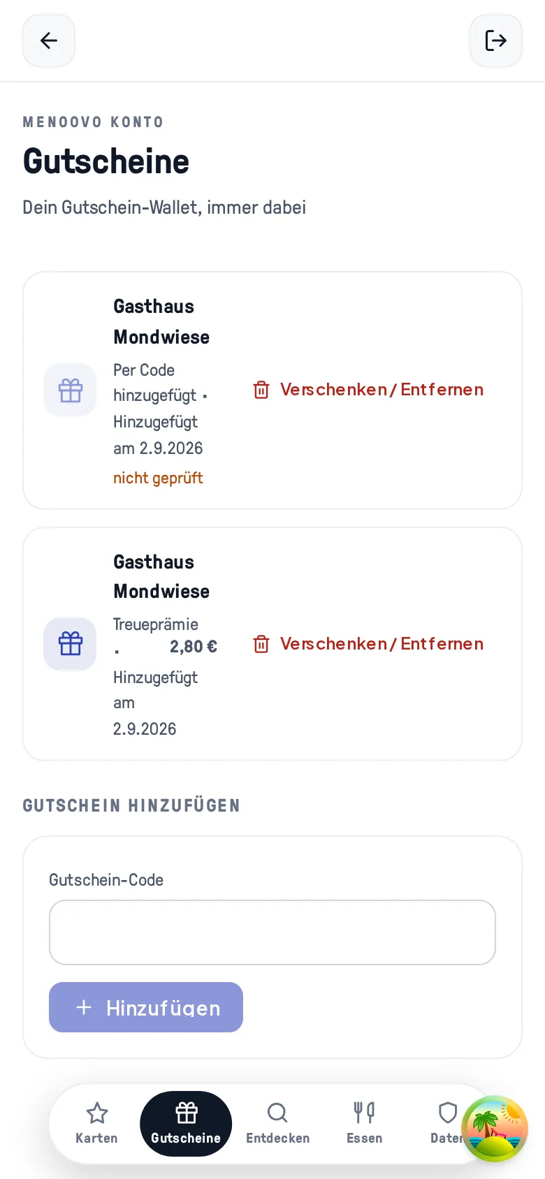 Das Gutschein-Wallet nach dem Einlösen mit der neuen Zeile „Treueprämie · 2,80 €“