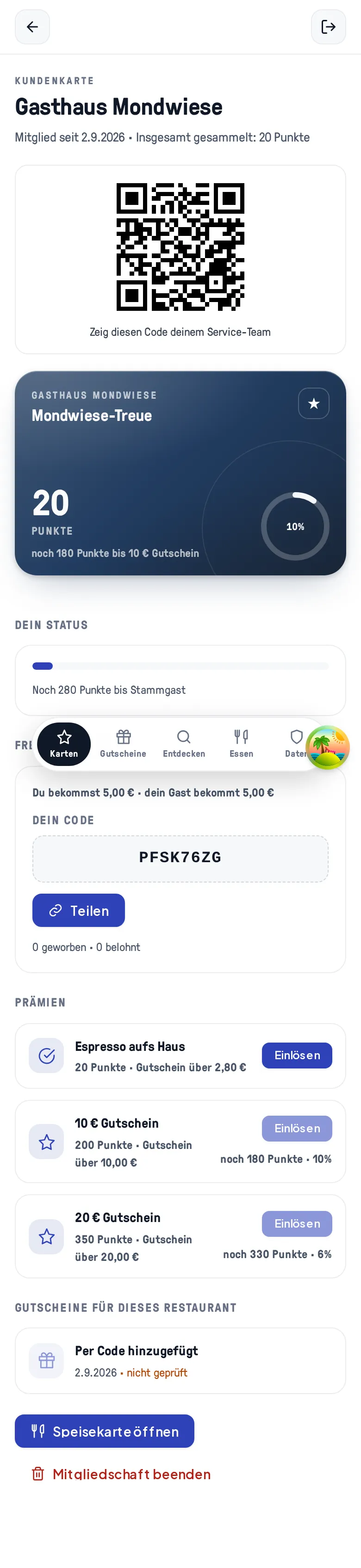 Die Prämienliste mit der einlösbaren Prämie „Espresso aufs Haus“ (20 Punkte) und zwei noch nicht erreichten Prämien