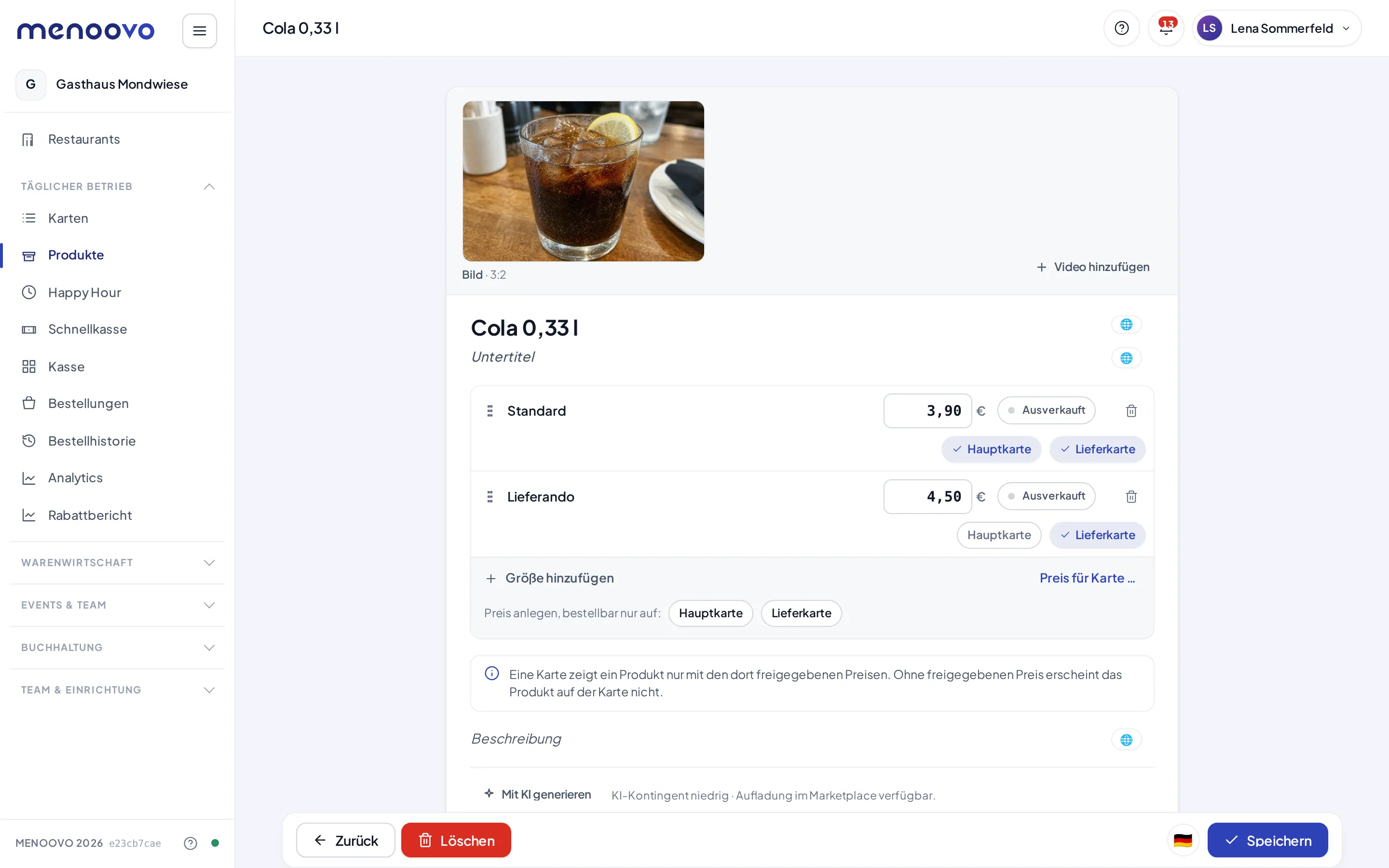 Der Preis-für-Karte-Dialog bei Cola 0,33 l mit den Chips Hauptkarte und Lieferkarte