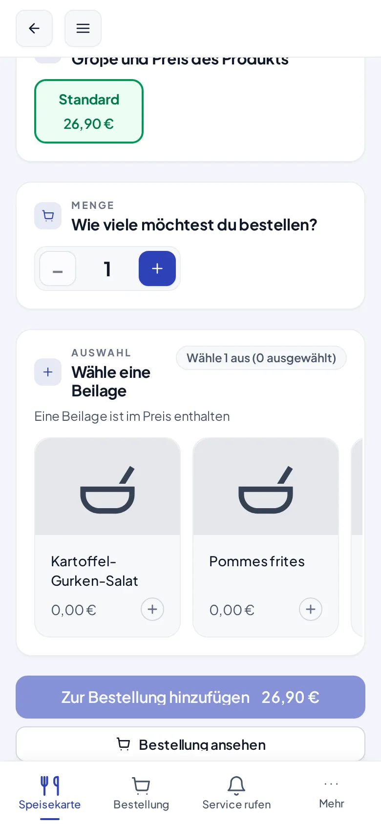 Die Beilagen-Auswahl beim Wiener Schnitzel: erst nach der Wahl einer Beilage wird der Bestell-Knopf aktiv