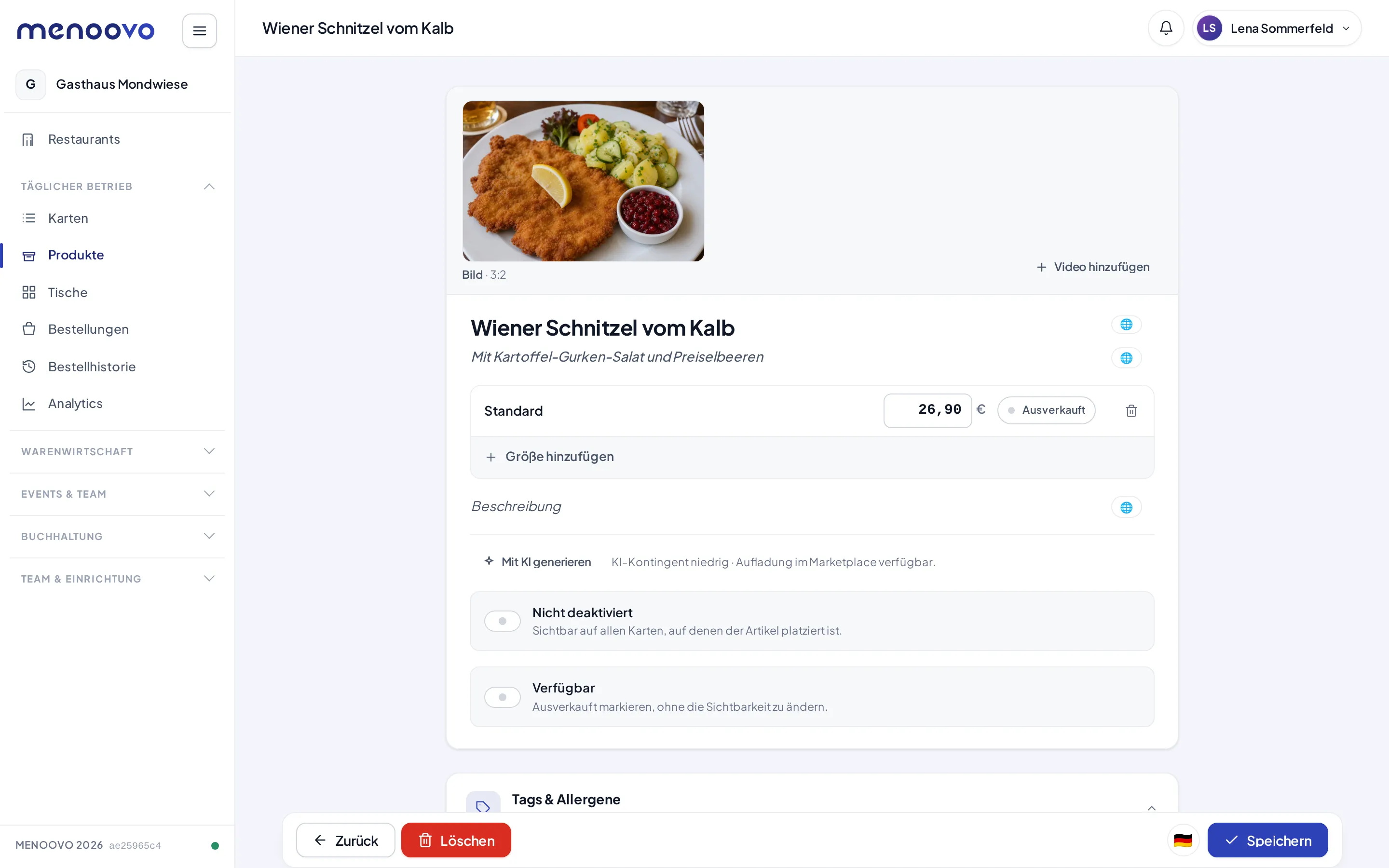 Die Produktseite des Wiener Schnitzels mit Preis, Bild und Verfügbarkeit