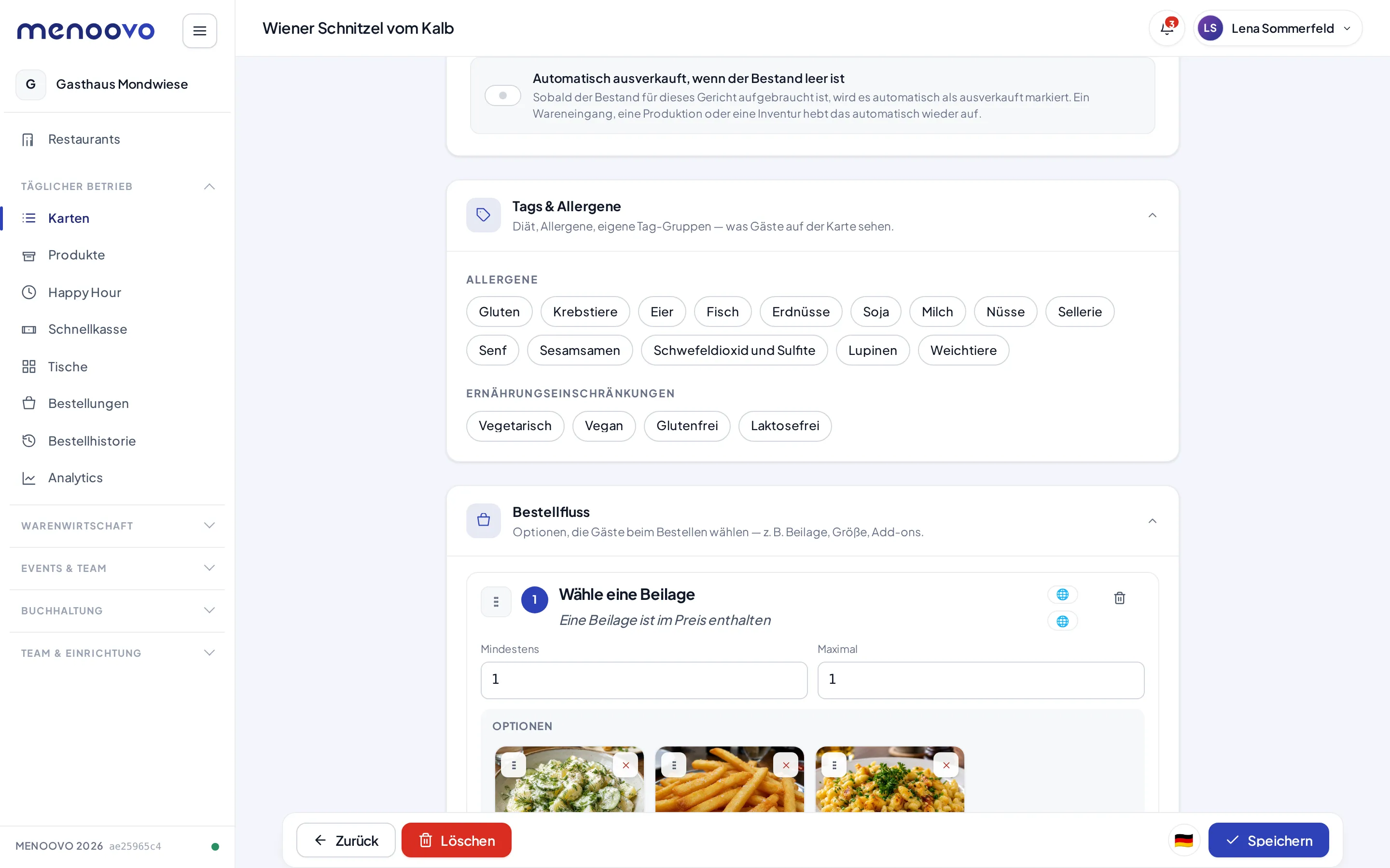 Die Karte „Bestellfluss“ auf der Produktseite des Wiener Schnitzels mit dem Schritt „Wähle eine Beilage“ und drei Optionen