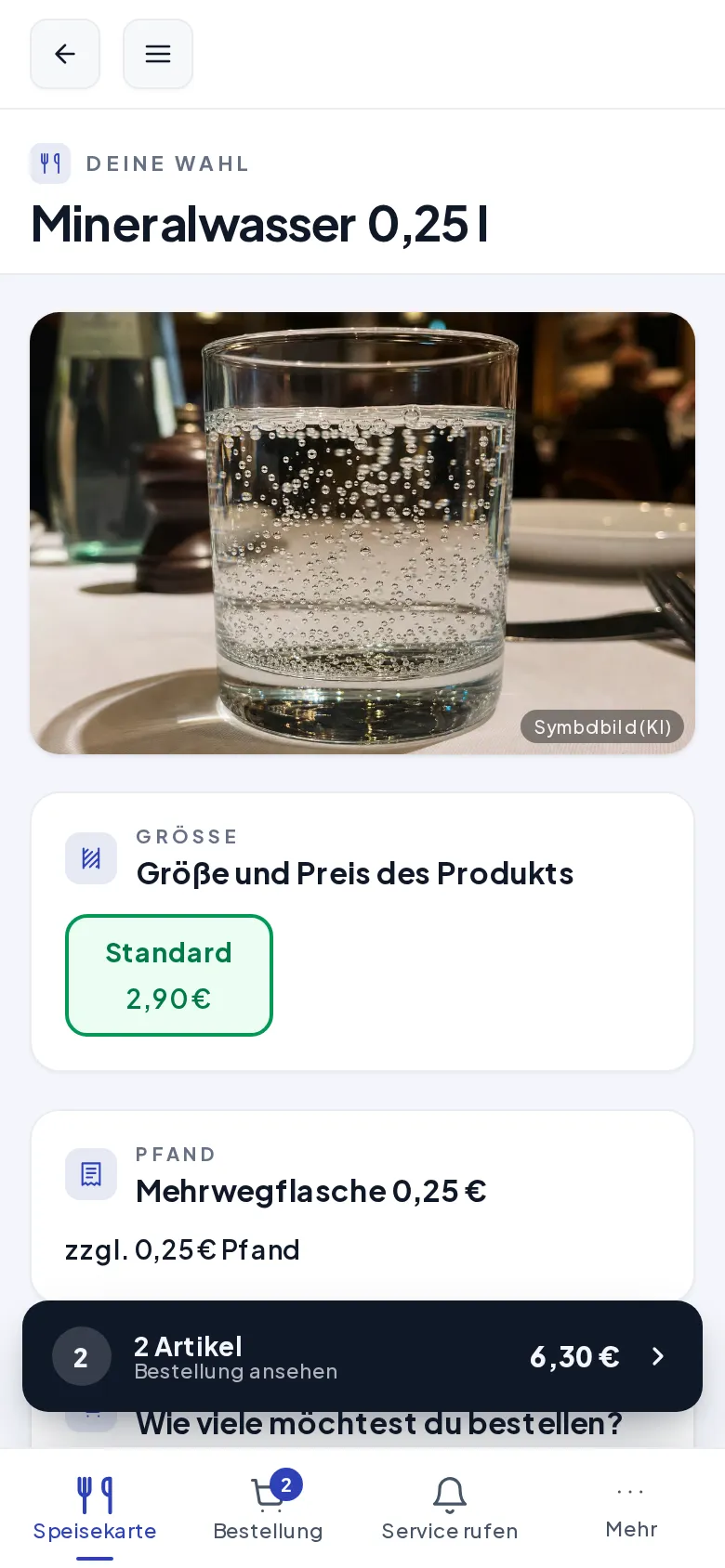 Die Produktansicht von Mineralwasser 0,25 l mit der Karte „Pfand: Mehrwegflasche 0,25 €“ und „zzgl. 0,25 € Pfand“