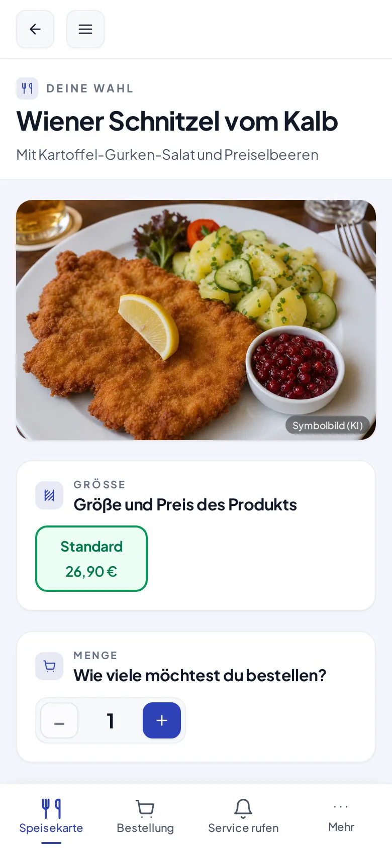 Die Produktansicht des Wiener Schnitzels mit großem Foto, Beschreibung und Preis