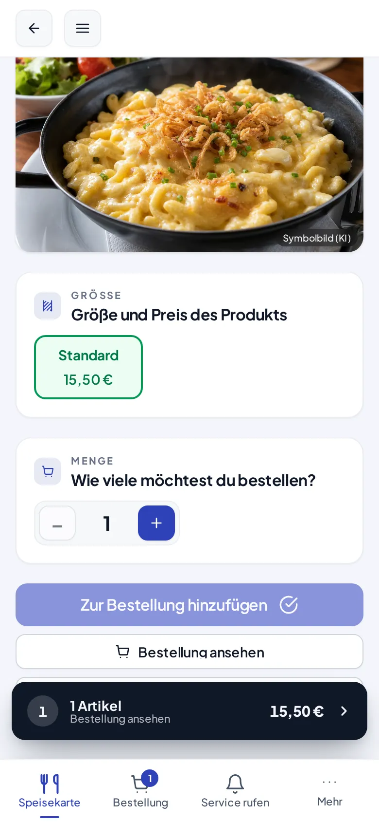 Nach dem Hinzufügen: Leiste mit „1 Artikel“ und Zwischensumme, Zähler am Bestellung-Tab
