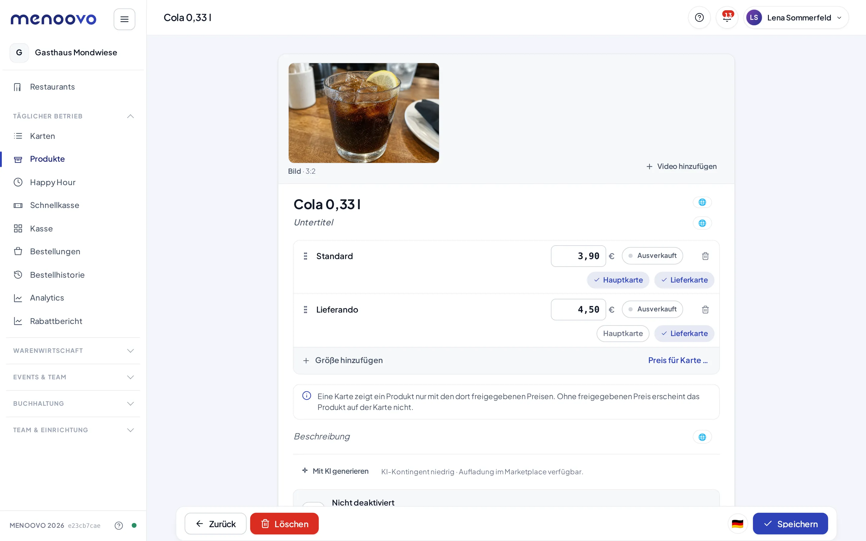 Zwei Preiszeilen bei Cola 0,33 l mit Karten-Chips: Standard für Hauptkarte und Lieferkarte, Lieferando exklusiv für die Lieferkarte