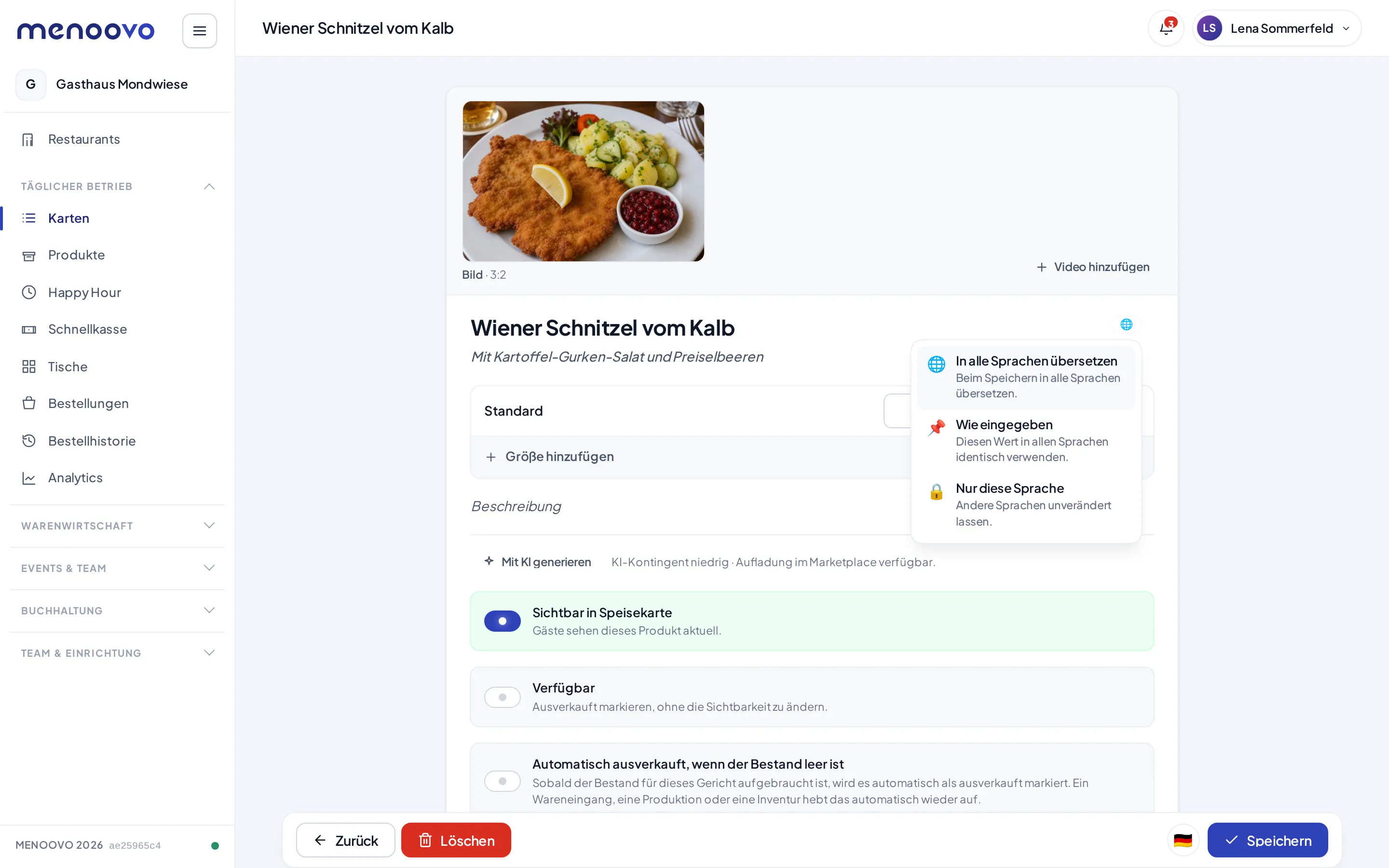 Das Globus-Menü an einem Produktfeld mit den drei Übersetzungsmodi