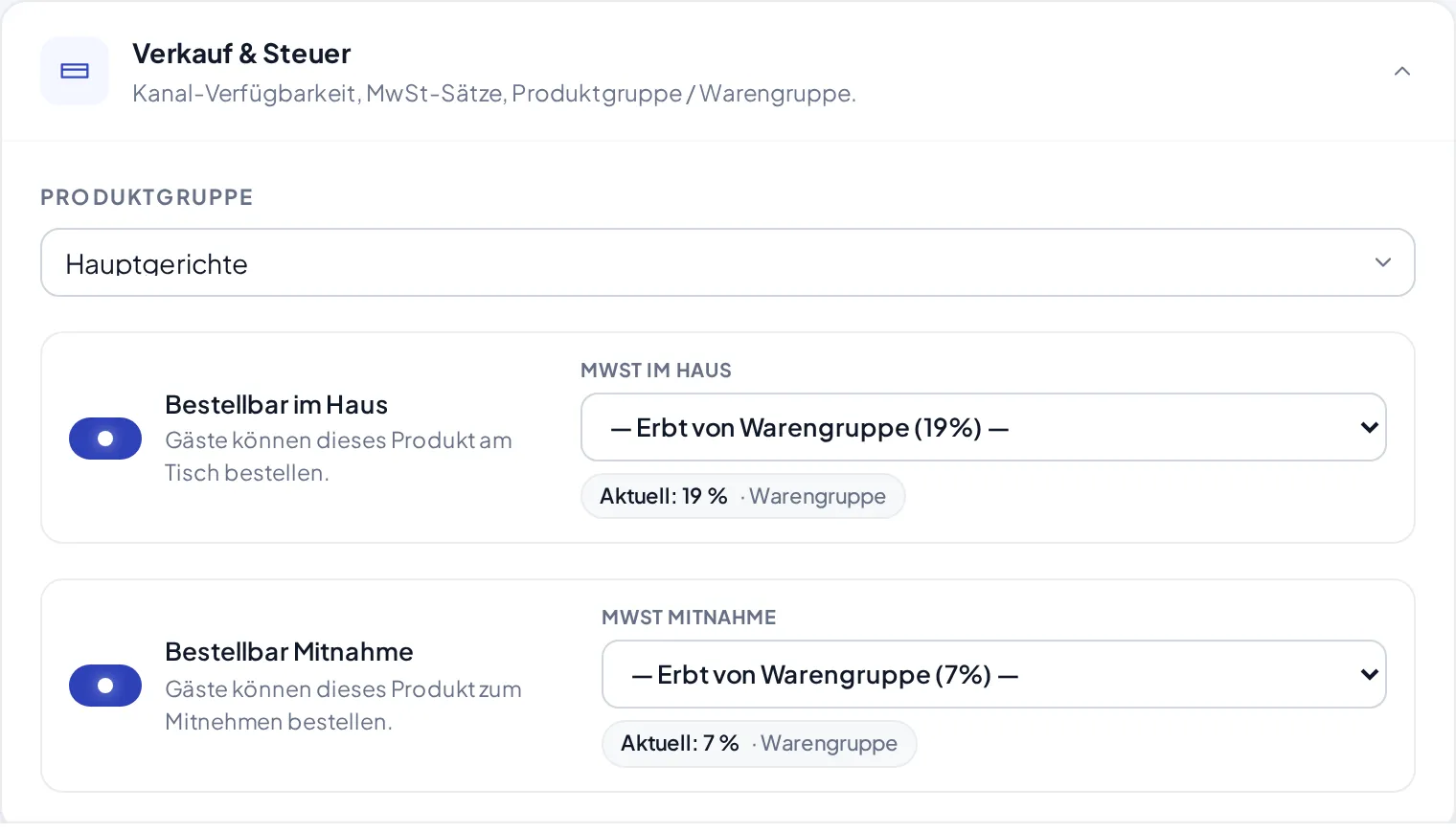 Der Bereich Verkauf & Steuer mit Produktgruppe, Kanal-Schaltern und den MwSt-Feldern