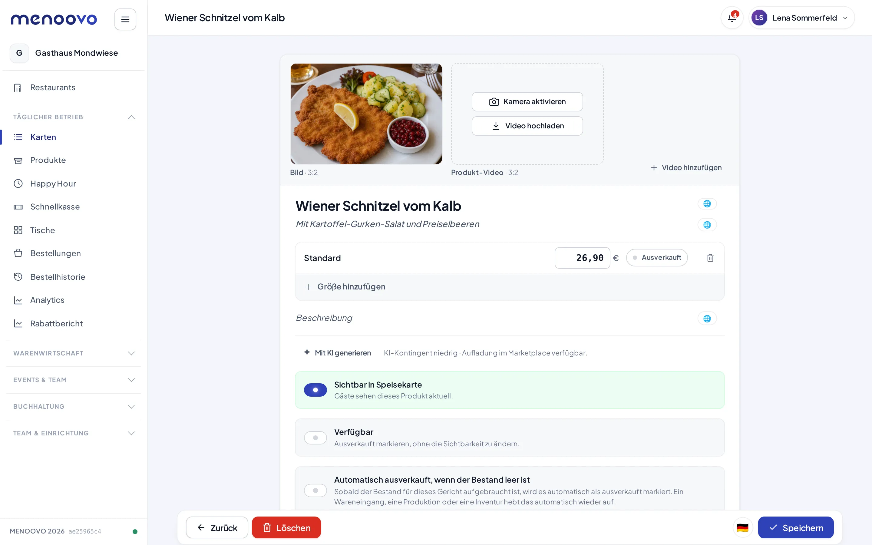 Die leere Produkt-Video-Kachel auf der Produktseite mit Kamera aktivieren und Video hochladen