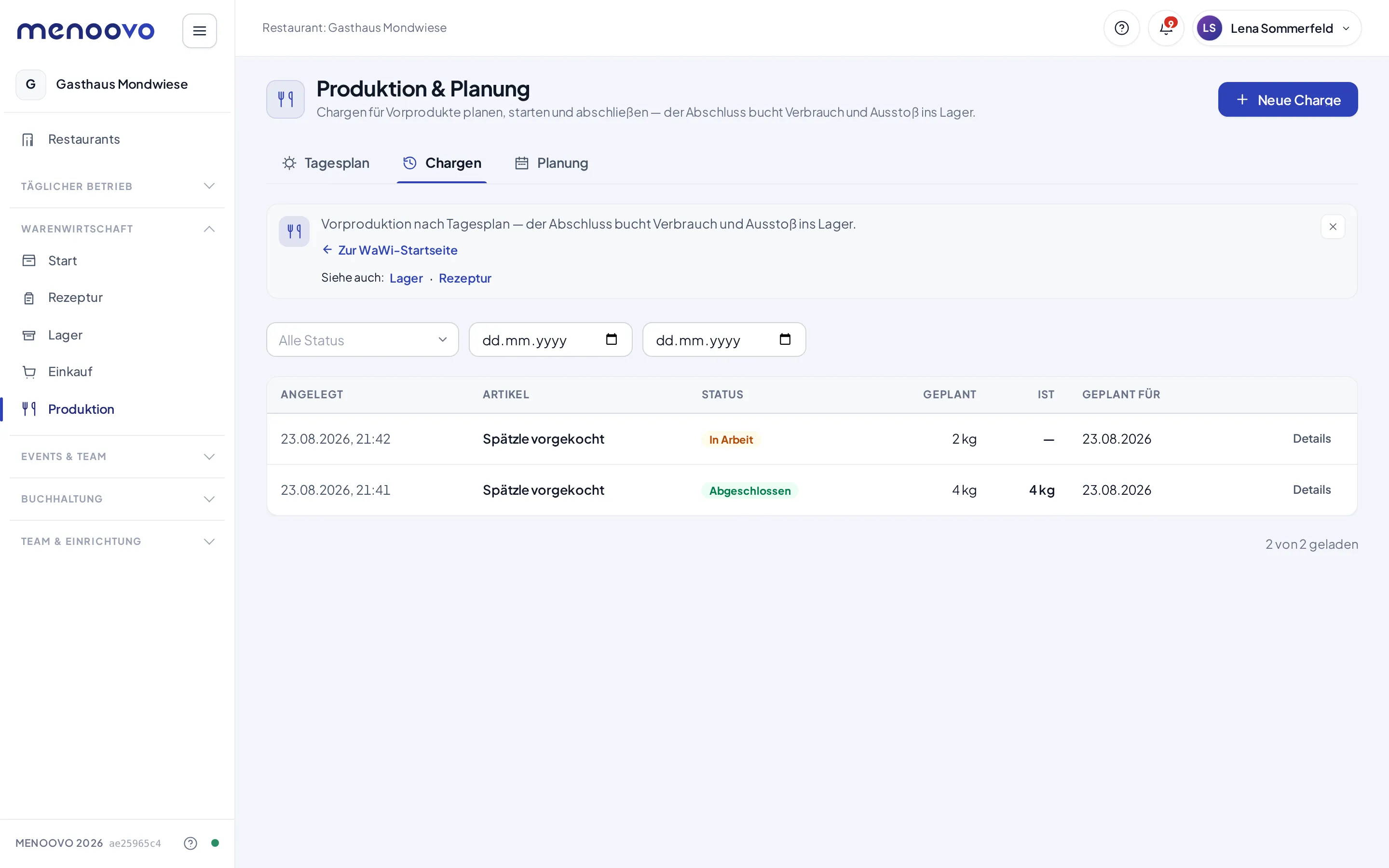 Die Chargen-Liste mit Statusfilter und den Spalten Geplant und Ist