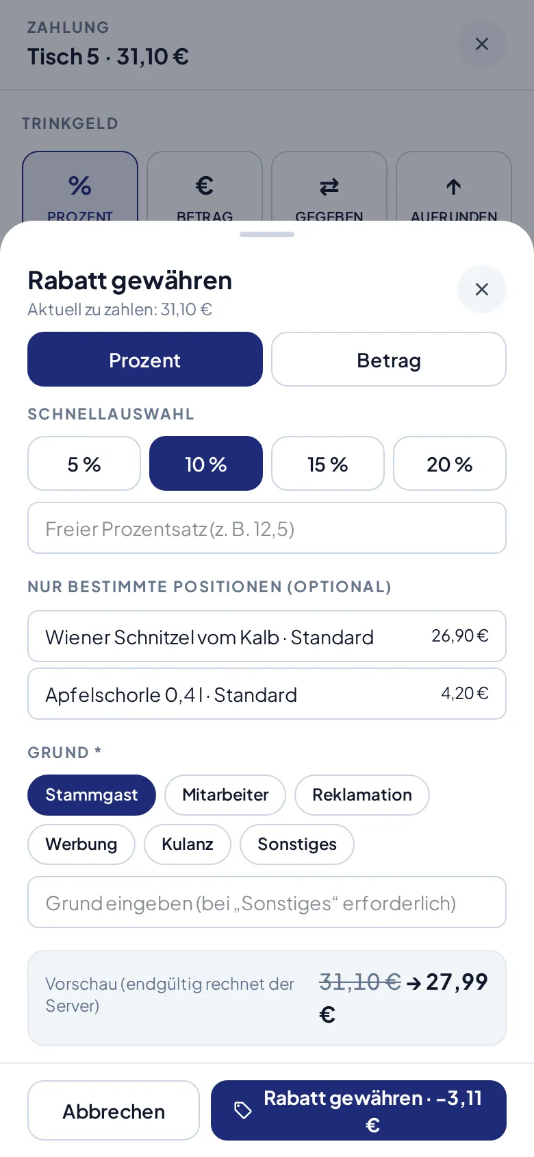 Der Dialog „Rabatt gewähren“ mit Schnellauswahl, Positionsauswahl und Grund