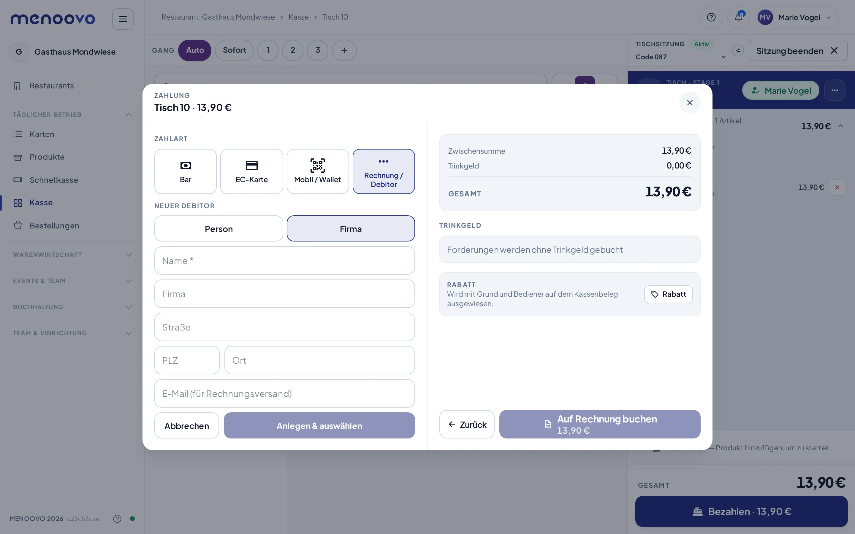 Der Bezahldialog mit geöffnetem Formular Neuer Debitor: Umschalter Person/Firma und Felder für Name, Firma, Adresse und E-Mail