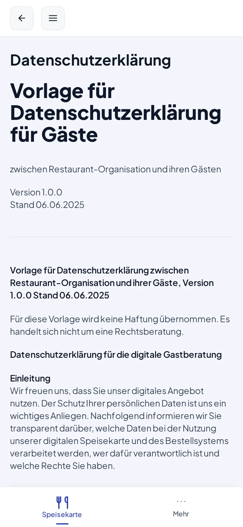 Die Datenschutzerklärung auf dem Handy eines Gastes mit dem Vorlagentext