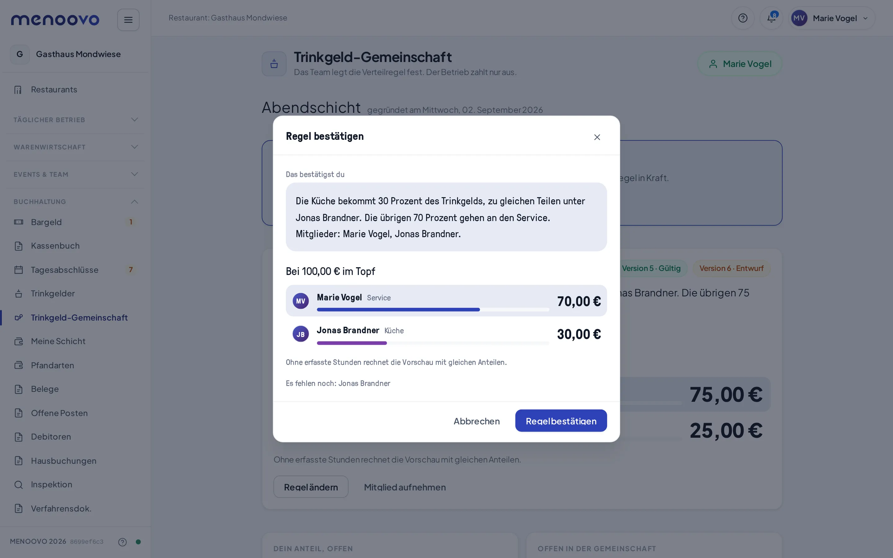 Das Bestätigungsblatt mit Regeltext, Anteilen und den noch fehlenden Bestätigungen