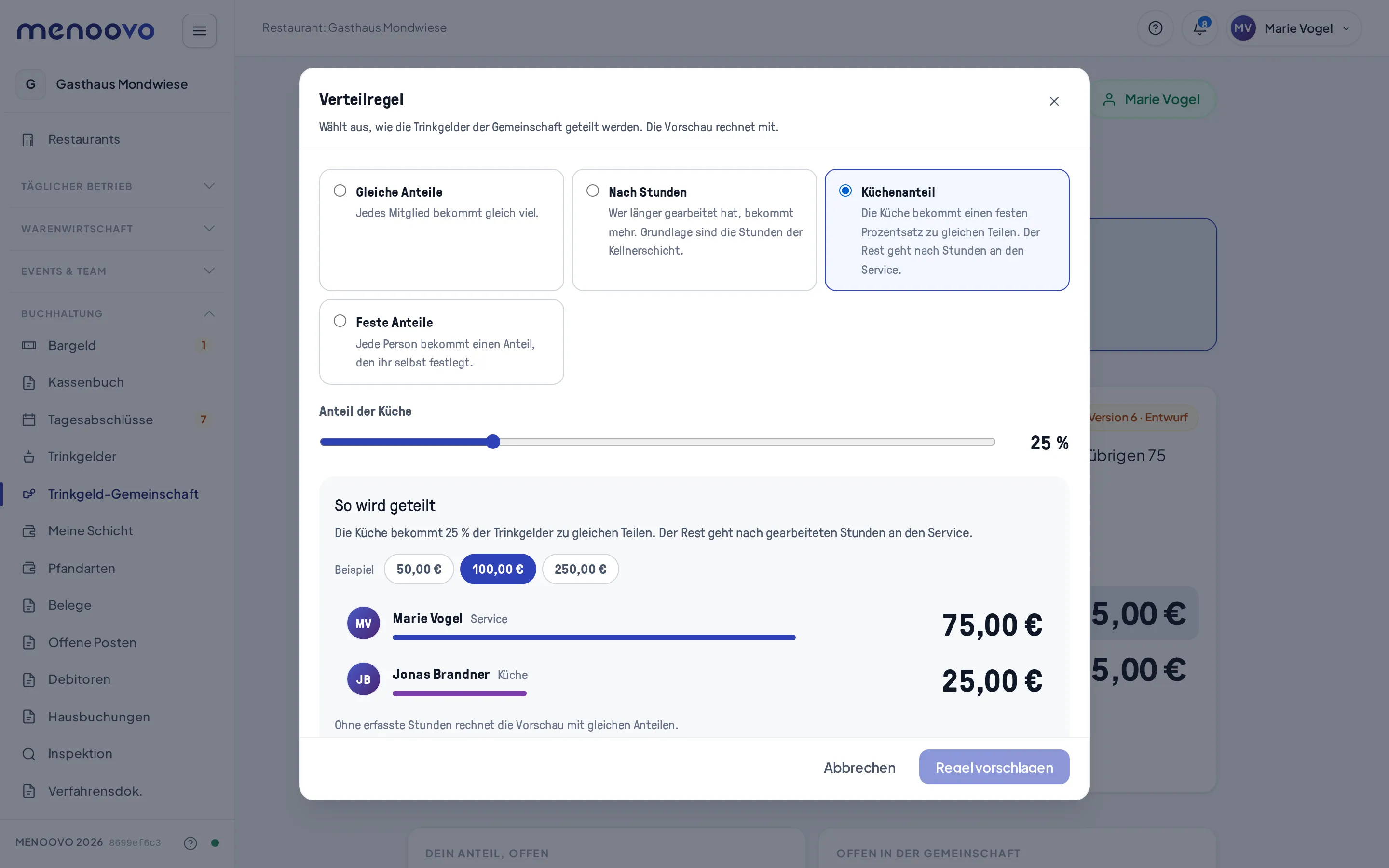 Der Regeleditor mit ausgewähltem Küchenanteil und der Vorschau auf 100 Euro