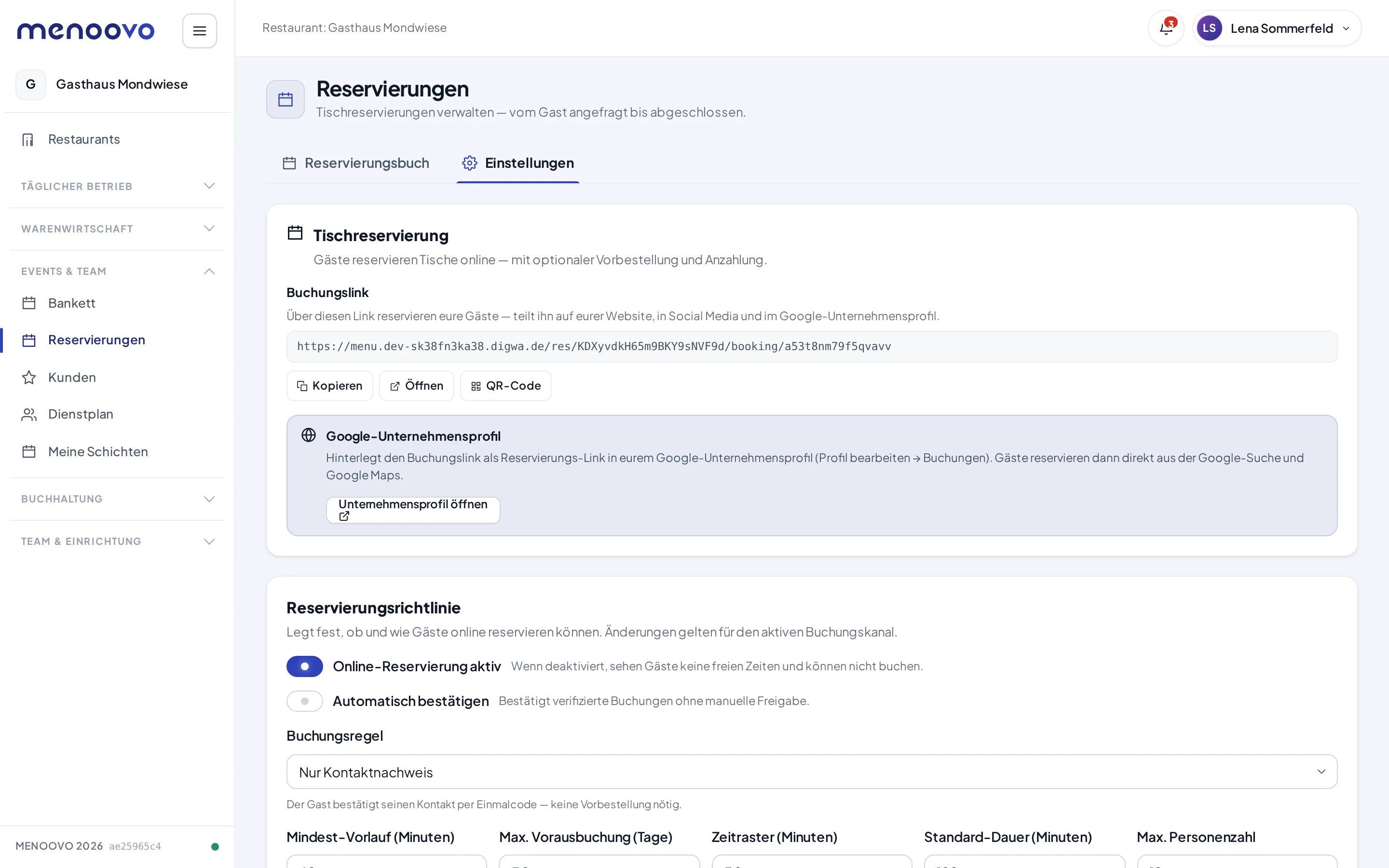 Die Reservierungs-Einstellungen mit Buchungslink und Reservierungsrichtlinie