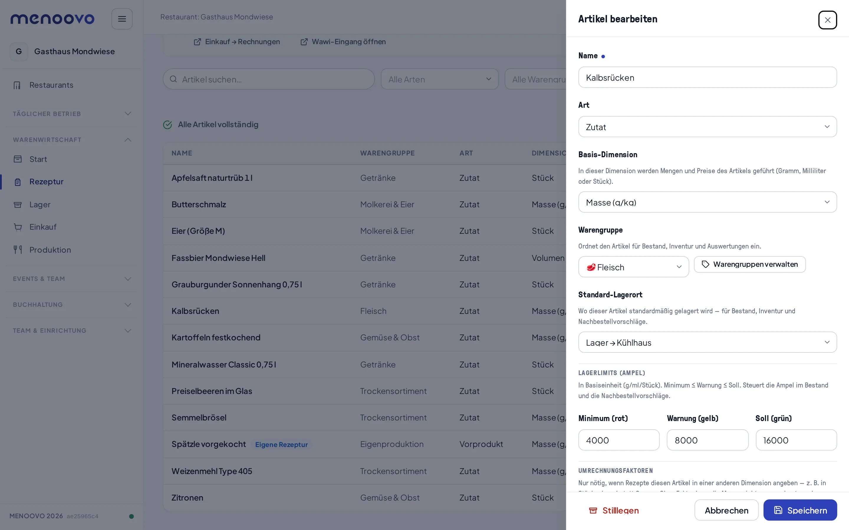 Der Artikel-Editor mit Basis-Dimension, Warengruppe, Standard-Lagerort und Lagerlimits