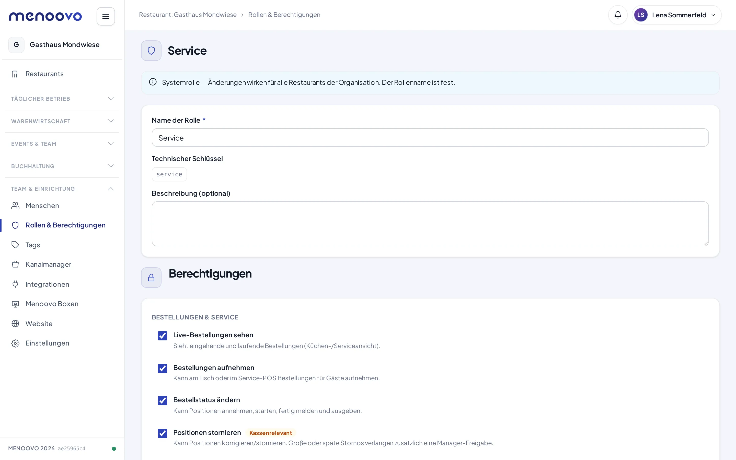 Der Rollen-Editor der Service-Rolle mit den Berechtigungen der Gruppe Bestellungen & Service