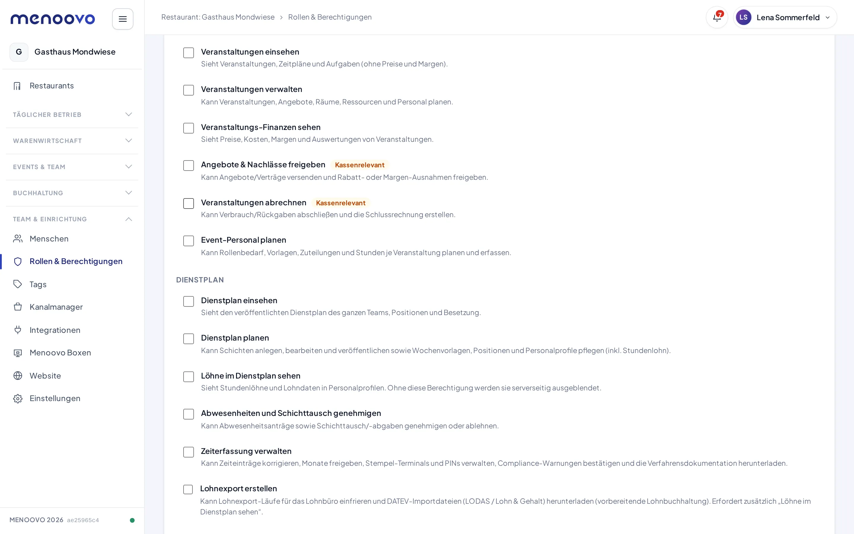 Die Berechtigungsgruppe Dienstplan im Rollen-Editor mit den sechs Dienstplan-Berechtigungen