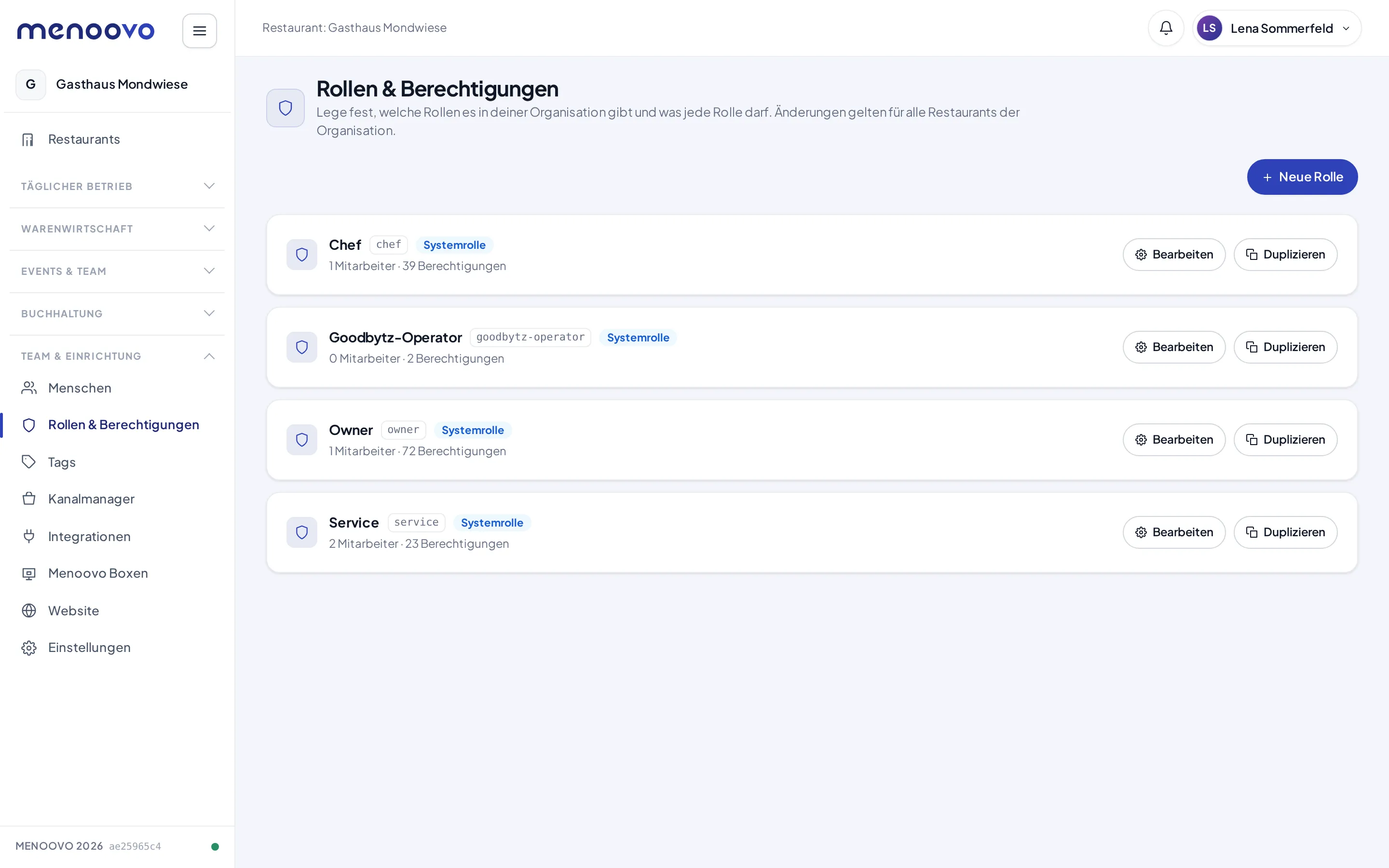 Die Rollenliste mit den Systemrollen Chef, Goodbytz-Operator, Owner und Service