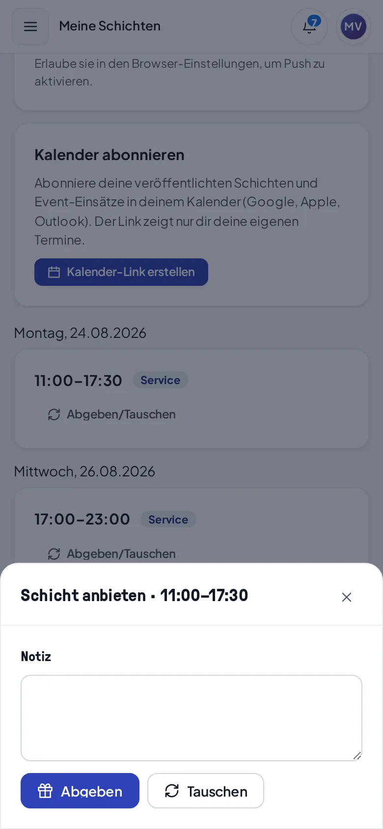 Der Dialog „Schicht anbieten“ mit Notizfeld und den Wahlmöglichkeiten Abgeben und Tauschen