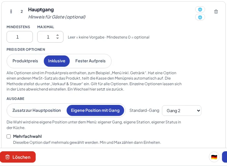 Der Bestellschritt „Hauptgang“ im Editor mit Ausgabe „Eigene Position mit Gang“ und Standard-Gang „Gang 2“