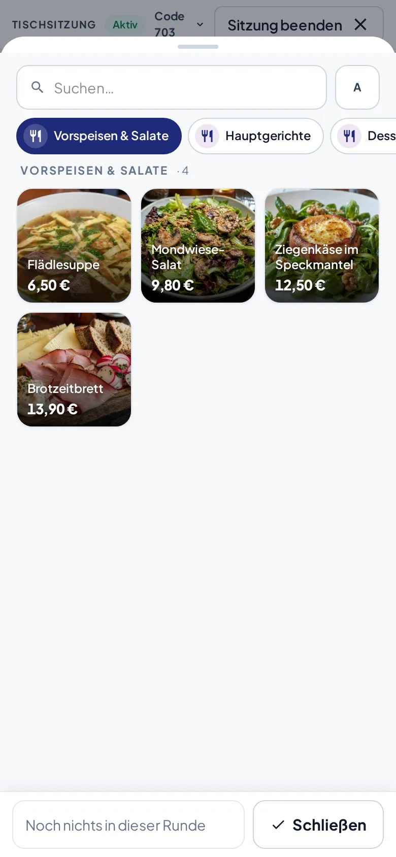 Die Produktauswahl der Serviceansicht mit Suche, Kategorie-Chips und Produktkacheln