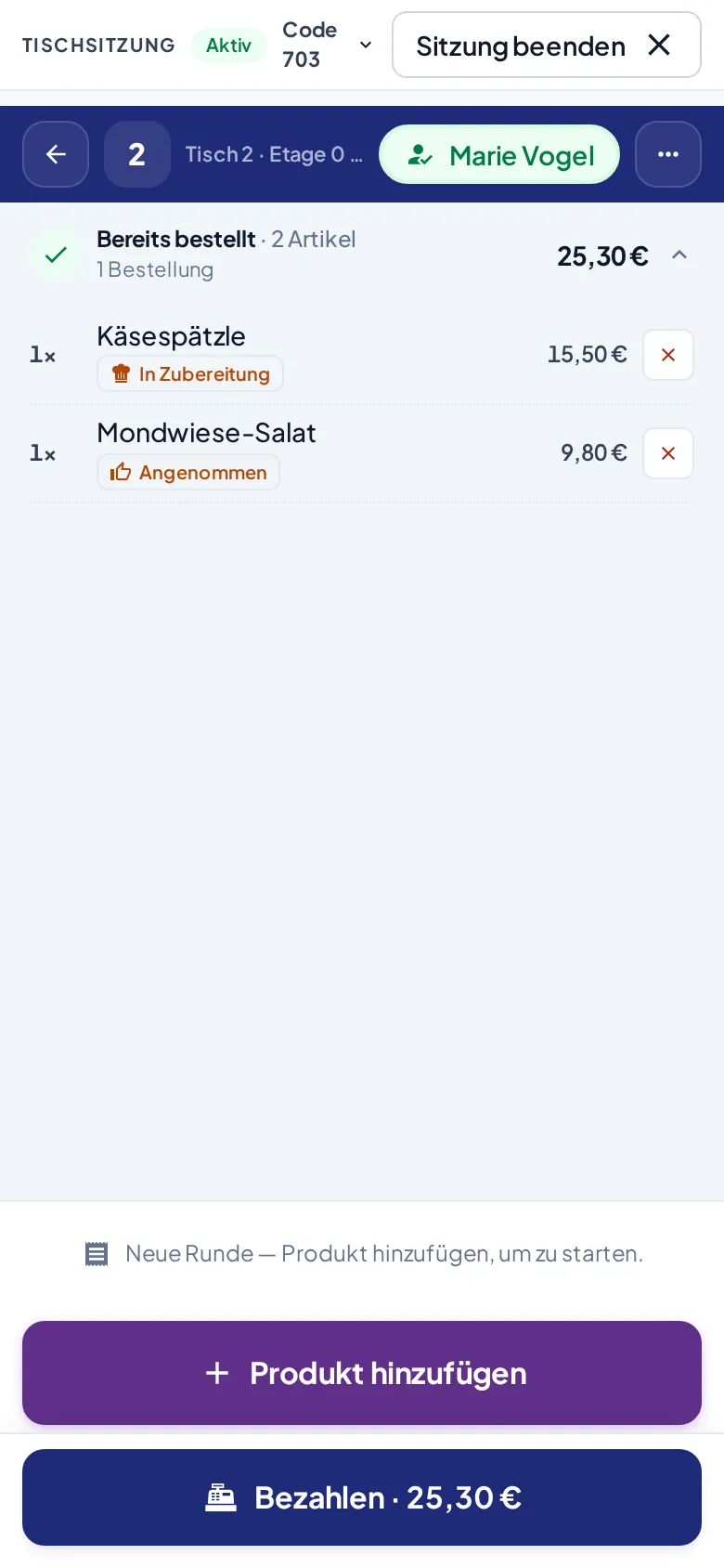 Die Serviceansicht von Tisch 2 mit bereits bestellten Artikeln und deren Status