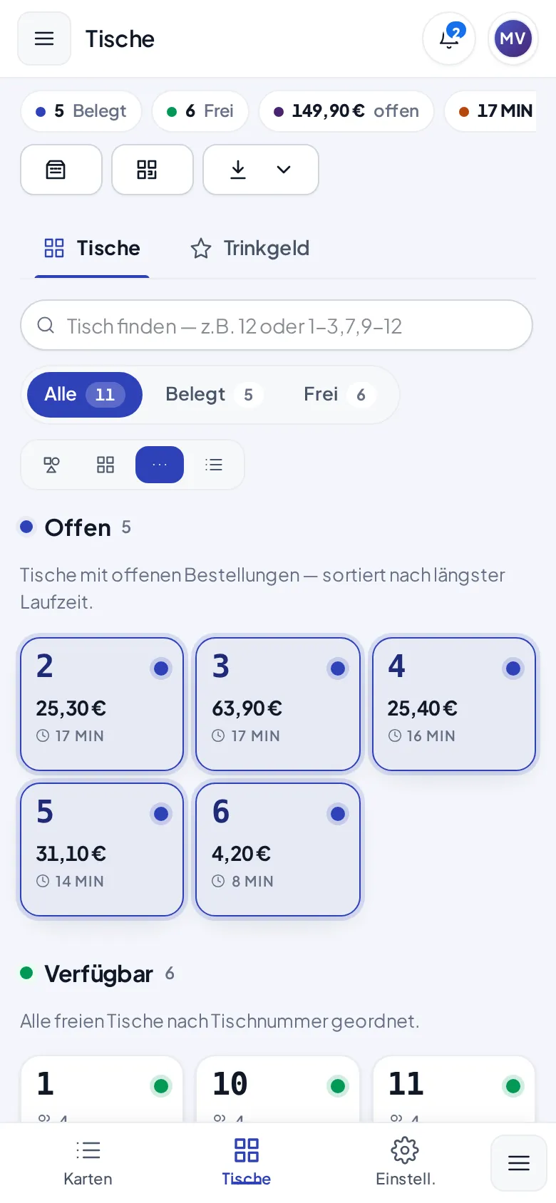 Die Tischübersicht auf dem Smartphone, angemeldet als Servicekraft Marie Vogel