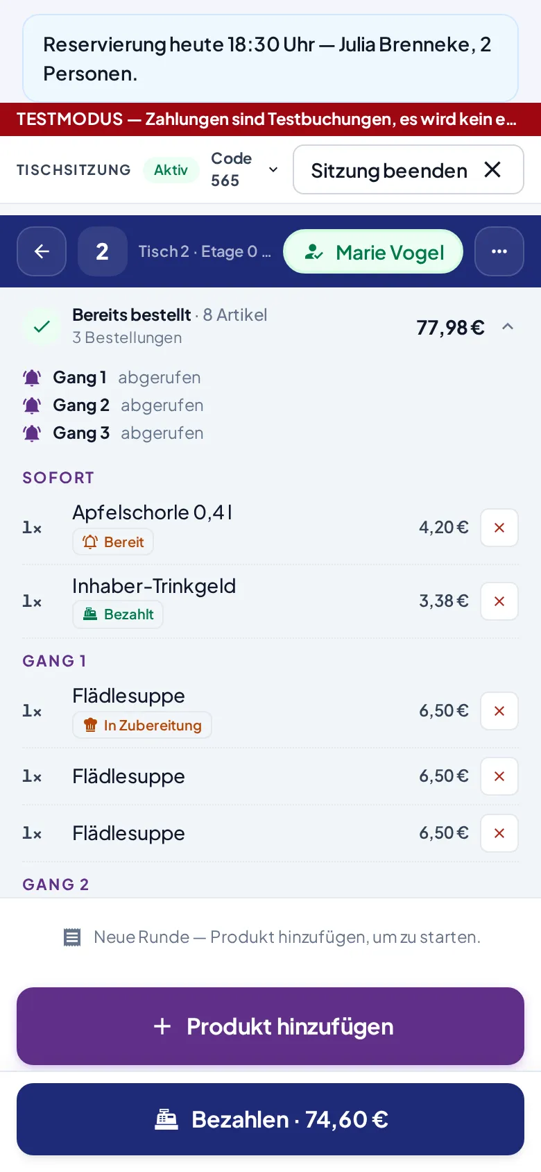 Die Gangfolge nach dem Abruf: alle drei Gänge abgerufen