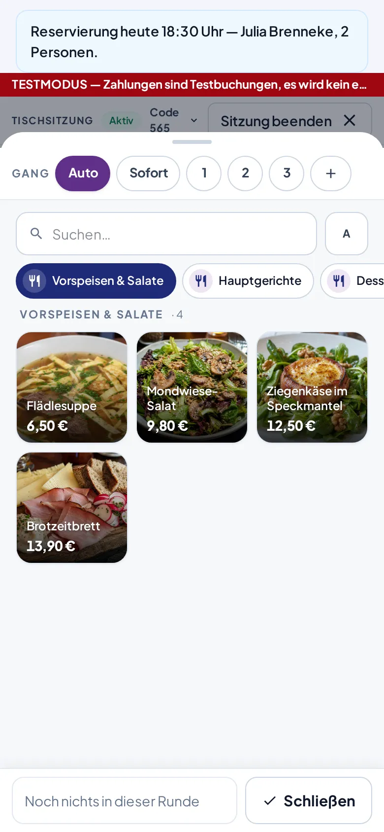 Die Produktauswahl in der Serviceansicht mit der Gang-Leiste über den Kategorien