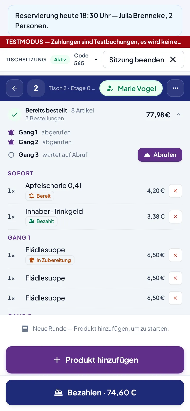 Die Gangfolge am Tisch mit zwei abgerufenen Gängen und Gang 3 auf Abruf