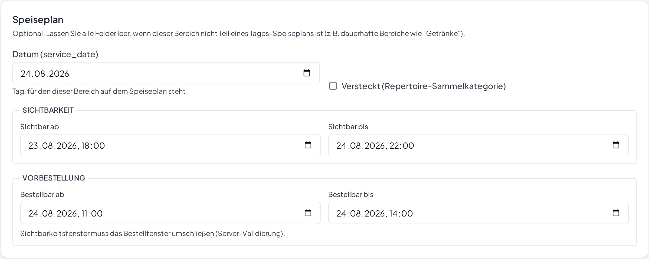 Der Bereich Speiseplan am Kartenabschnitt mit Datum, Sichtbarkeits- und Bestellfenster