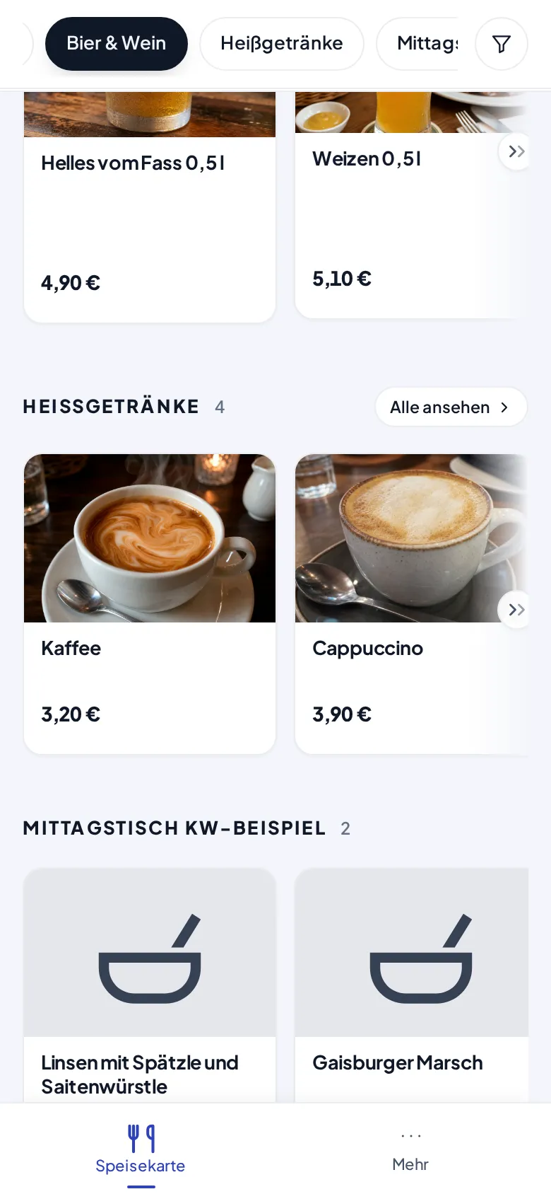 Der Abschnitt Mittagstisch KW-Beispiel auf der Gästekarte mit zwei Tagesgerichten