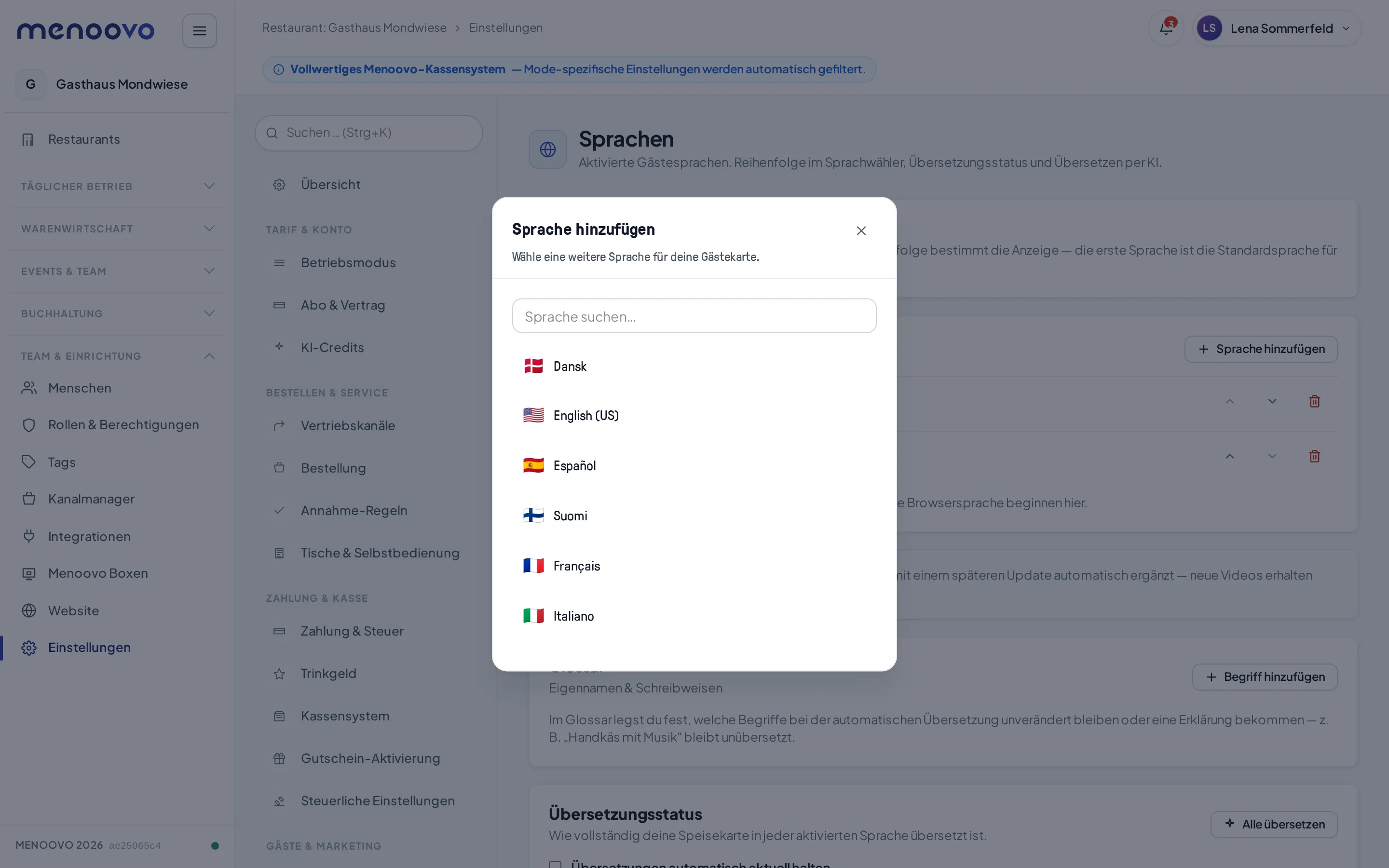 Der Dialog „Sprache hinzufügen“ mit der Sprachauswahl