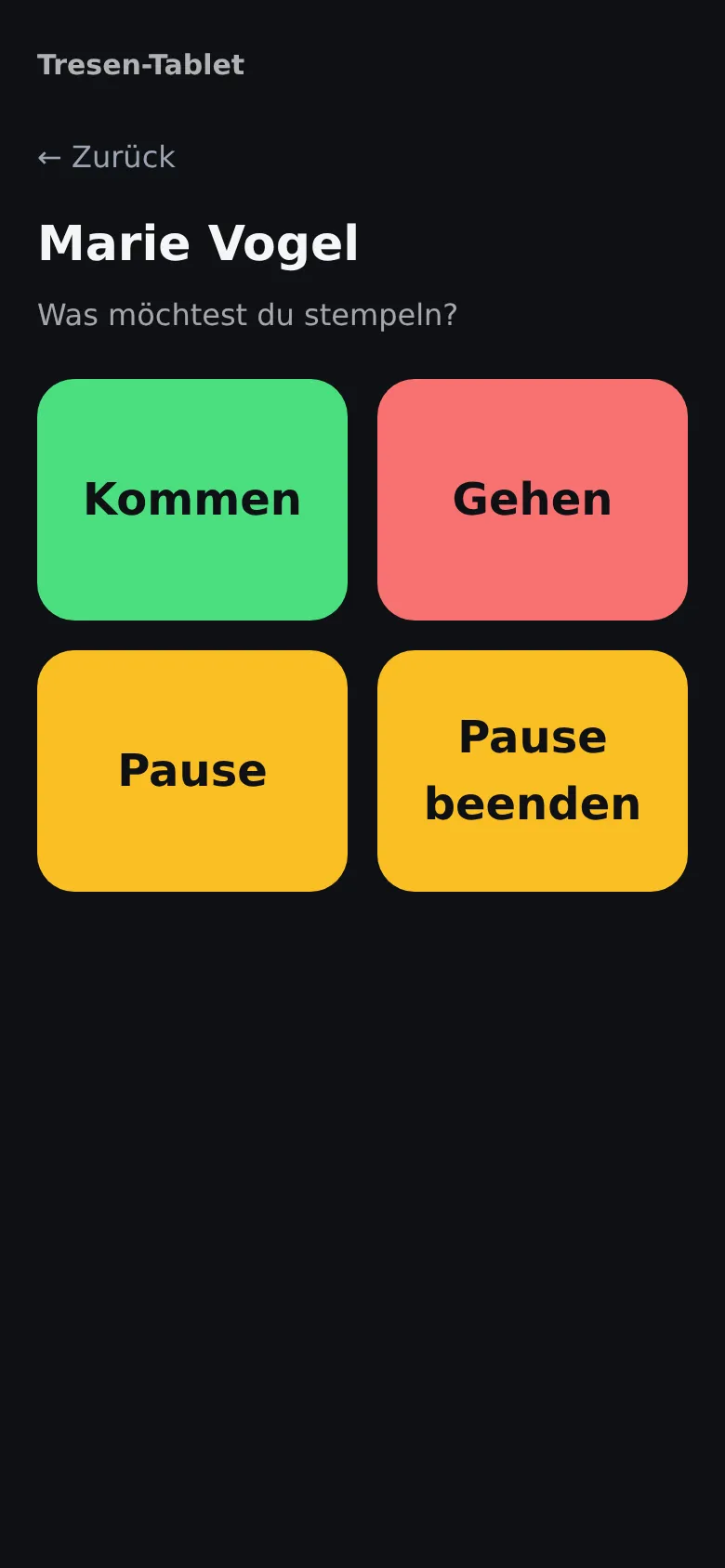 Die Stempel-Auswahl am Terminal mit den Tasten Kommen, Gehen, Pause und Pause beenden