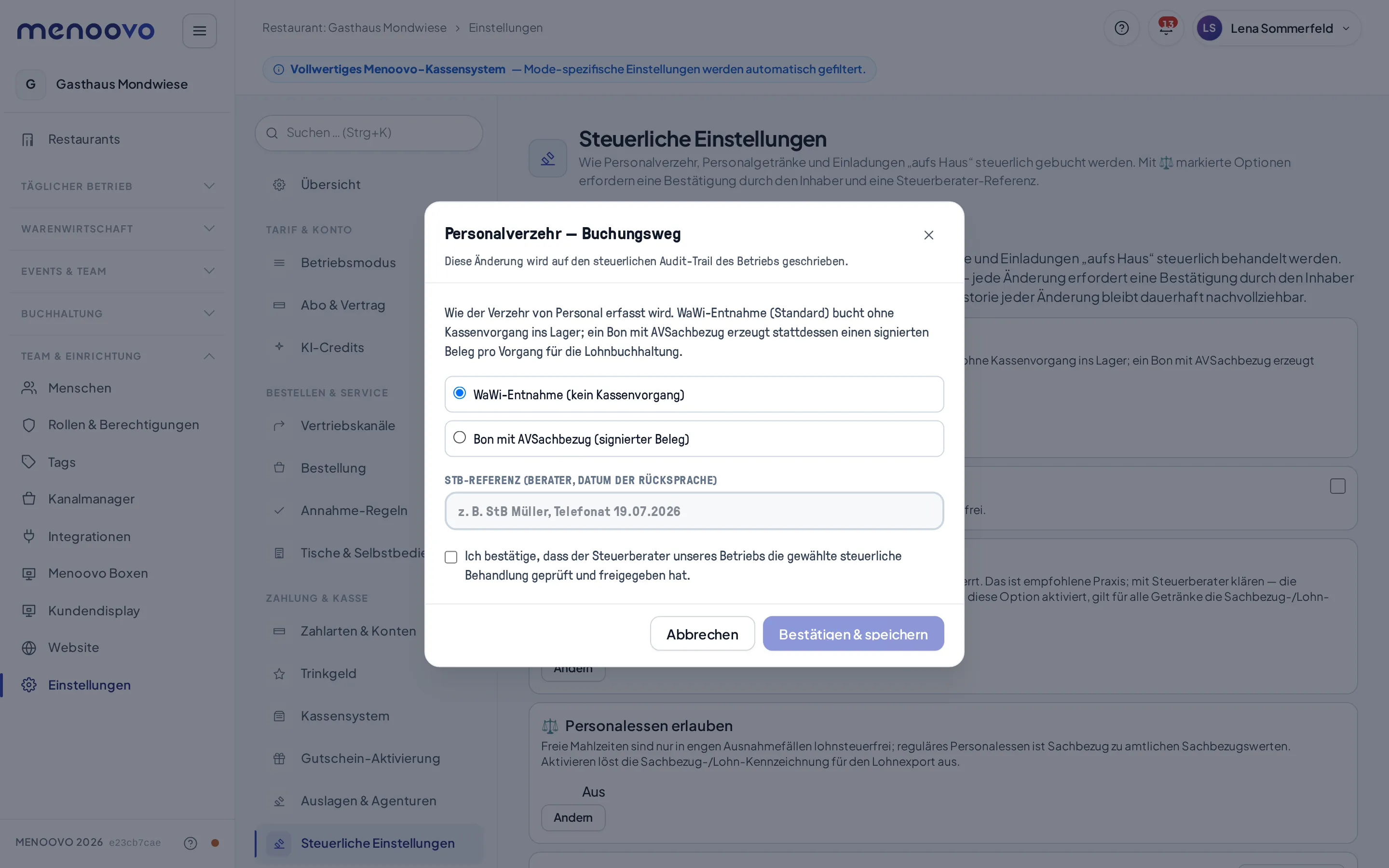Der Bestätigungsdialog „Personalverzehr — Buchungsweg“ mit Auswahl, StB-Referenz-Feld und Bestätigungs-Checkbox