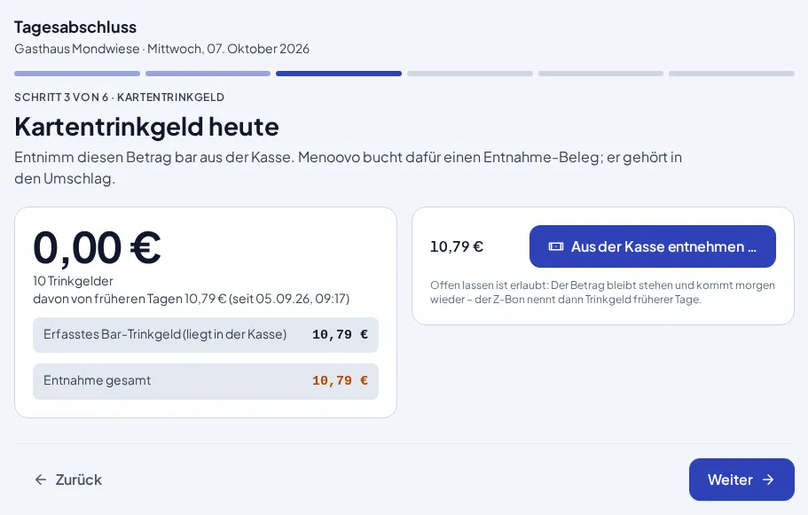 Bildschirm Kartentrinkgeld mit dem Betrag des Tages und dem Knopf Aus der Kasse entnehmen