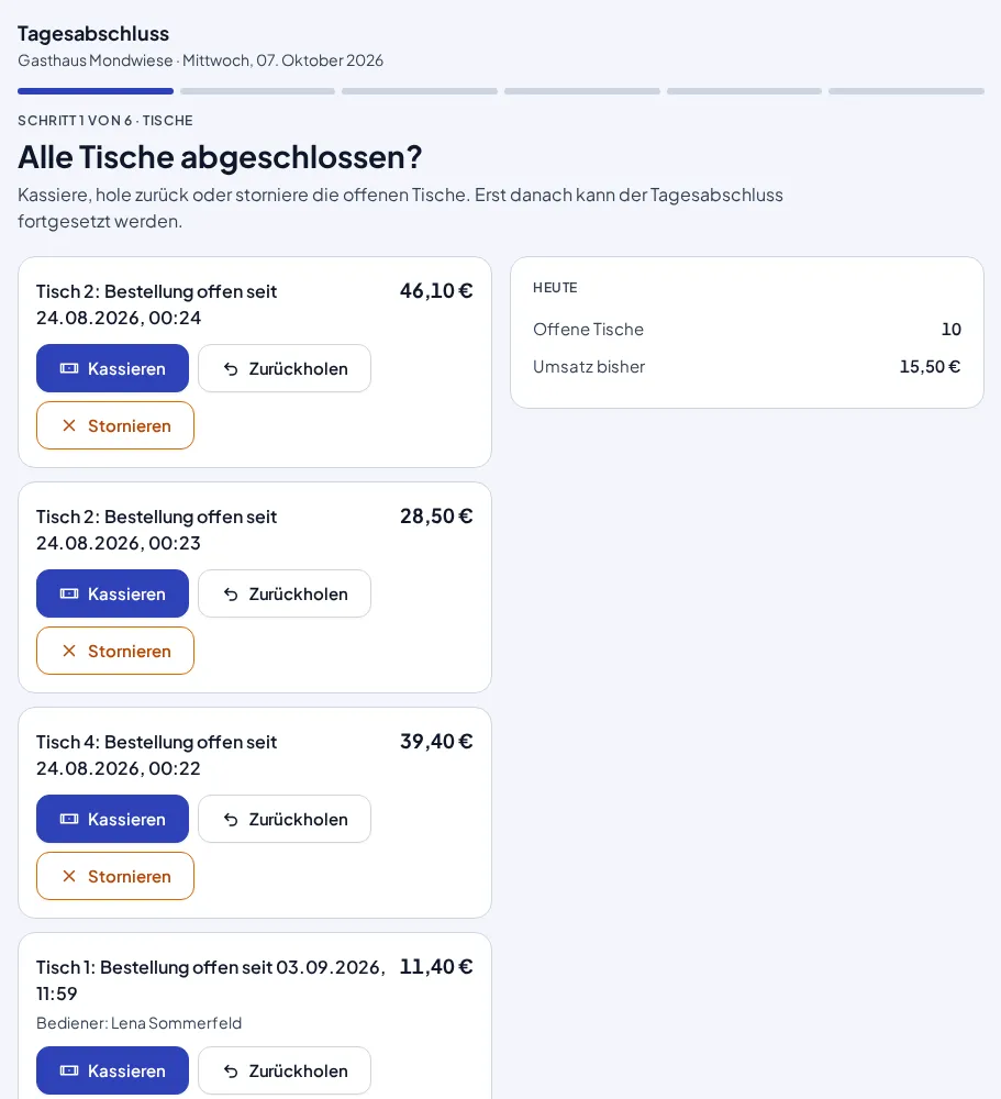 Bildschirm Tische mit der Liste der offenen Tische und den Aktionen Kassieren, Zurückholen und Stornieren