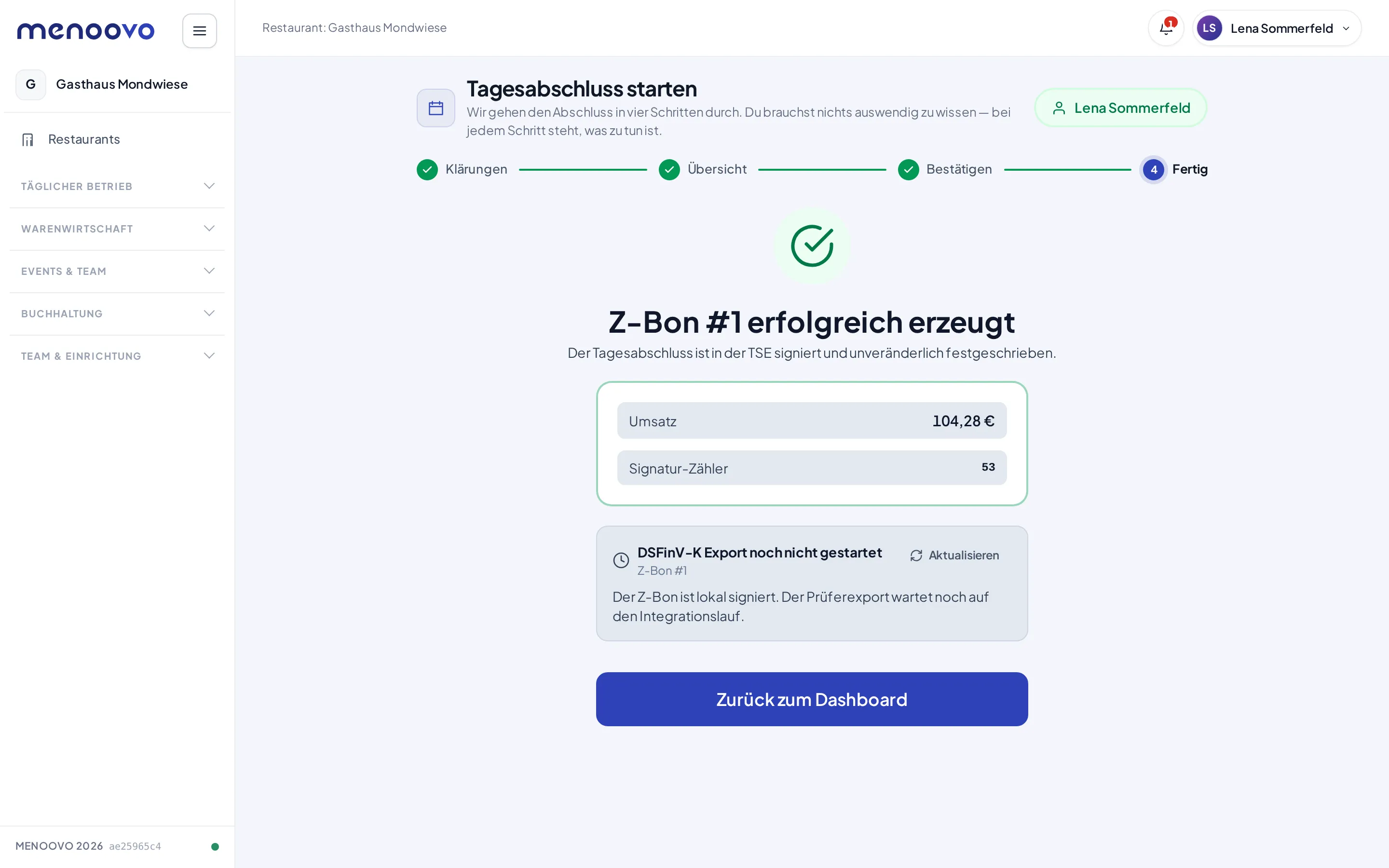 Erfolgsmeldung: Z-Bon erzeugt, in der TSE signiert