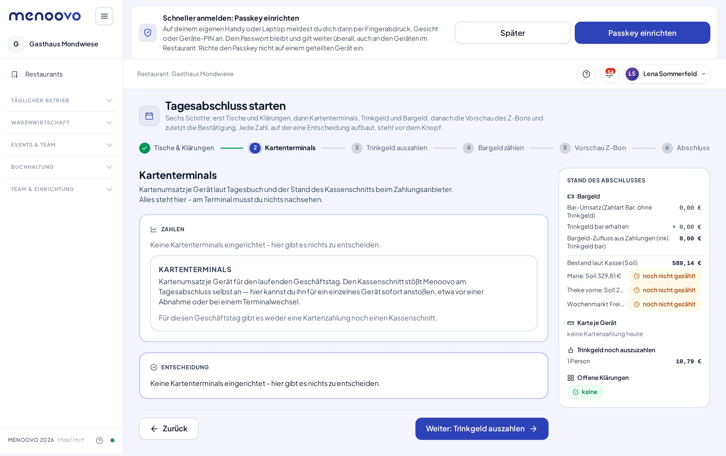 Schritt Kartenterminals mit Kartenumsatz je Gerät, Schnitt-Stand und der Entscheidung bei ausstehendem Kassenschnitt