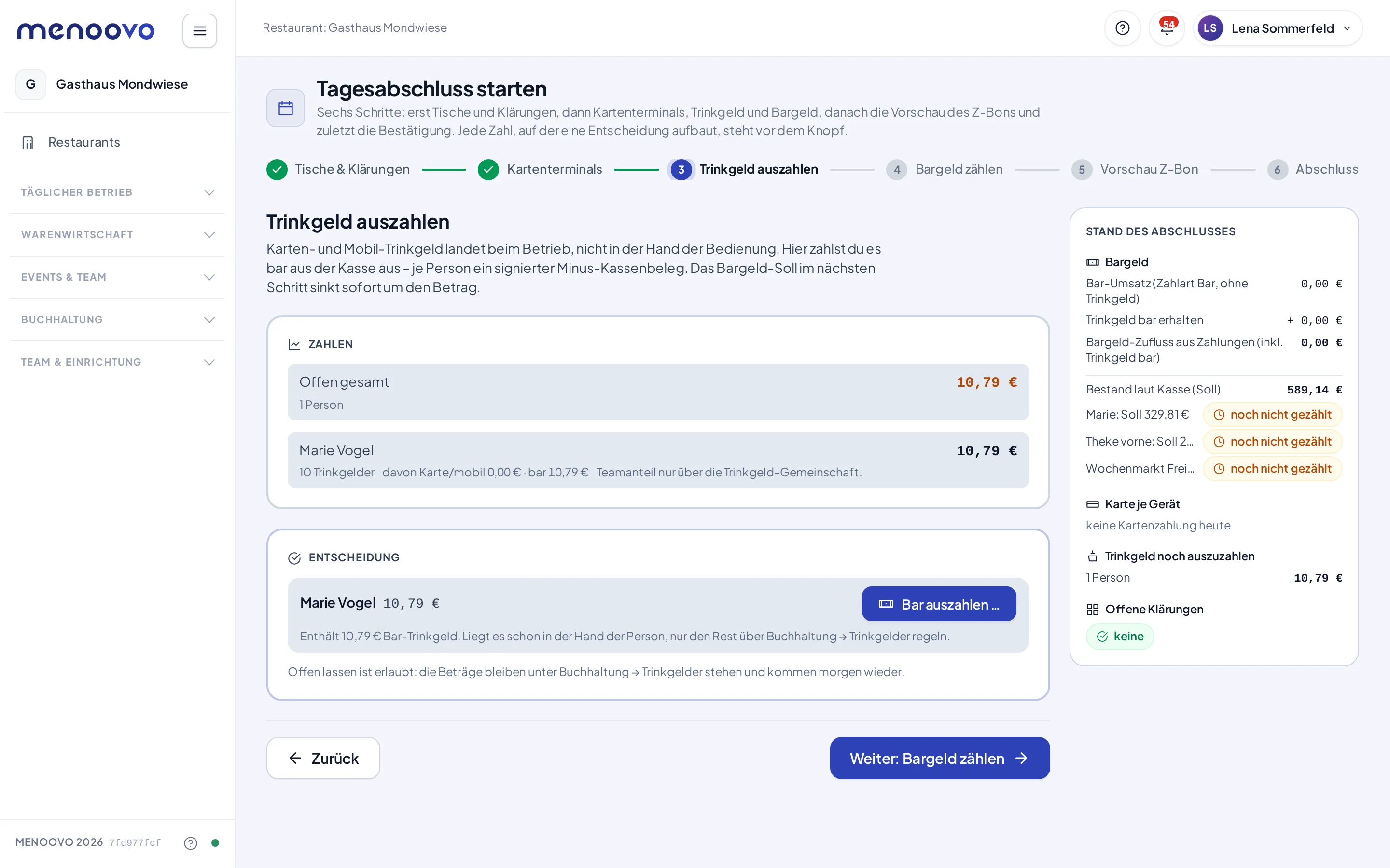 Schritt Trinkgeld auszahlen mit je Person Betrag, Aufteilung Karte/bar und dem Knopf Bar auszahlen
