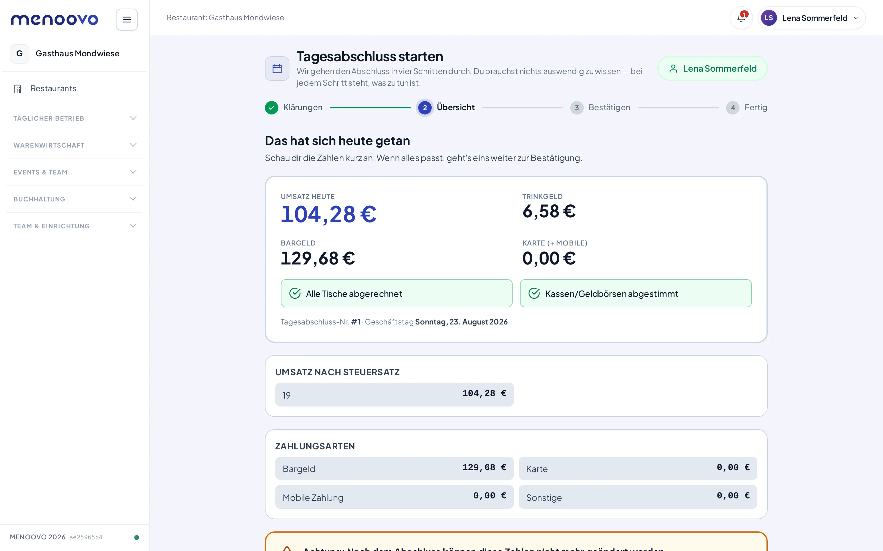 Die Vorschau des Z-Bons mit Umsatz, Trinkgeld und Zahlarten