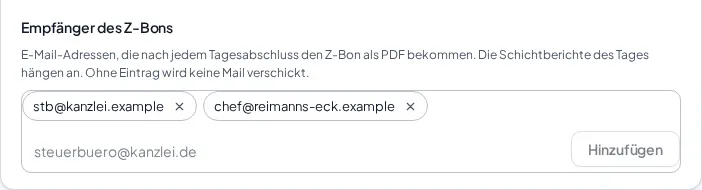 Die Empfängerliste des Z-Bons mit zwei Adressen