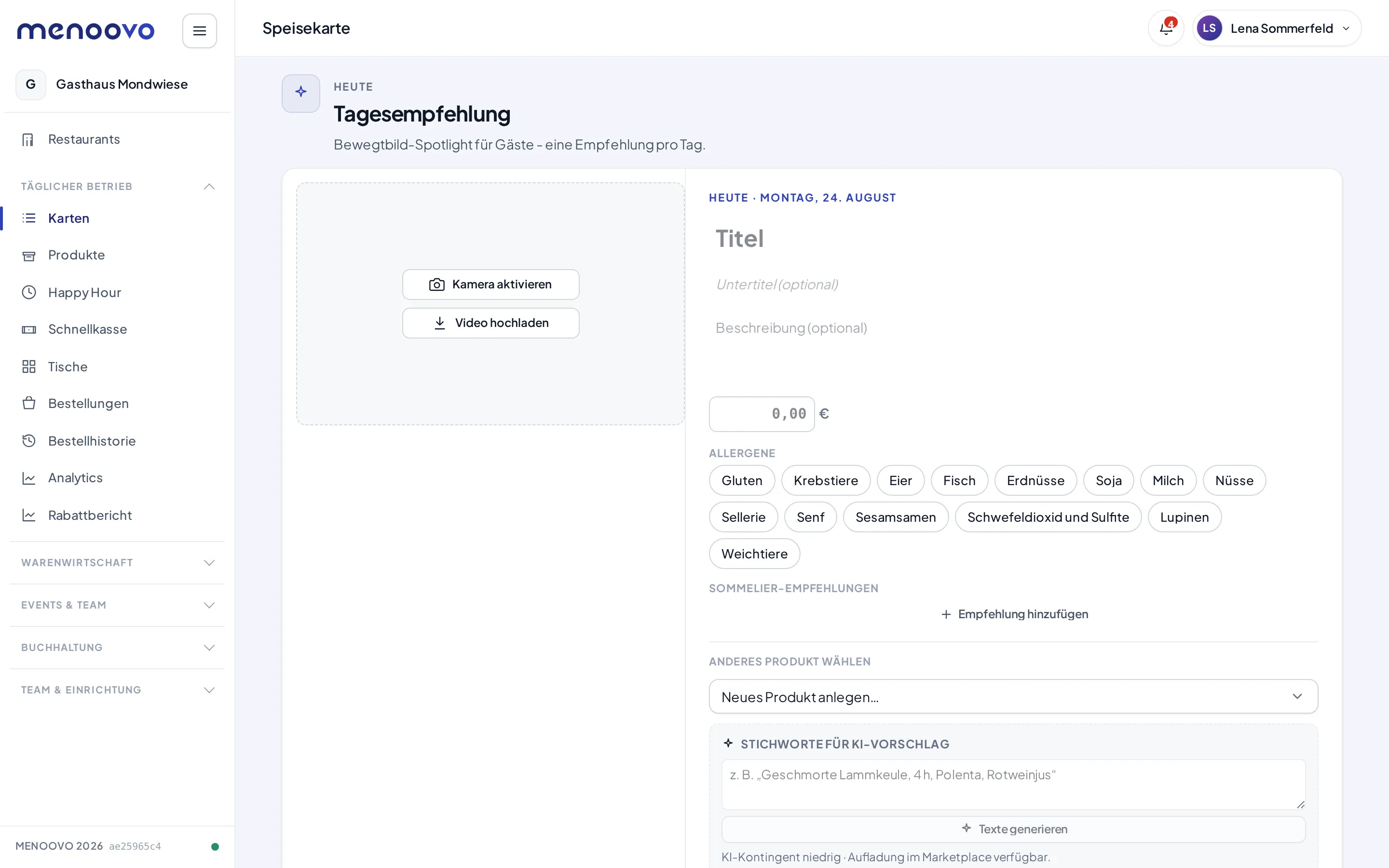 Die leere Tagesempfehlung im Karteneditor mit Kamera aktivieren, Video hochladen, Titelfeldern, Allergen-Auswahl und KI-Stichworten